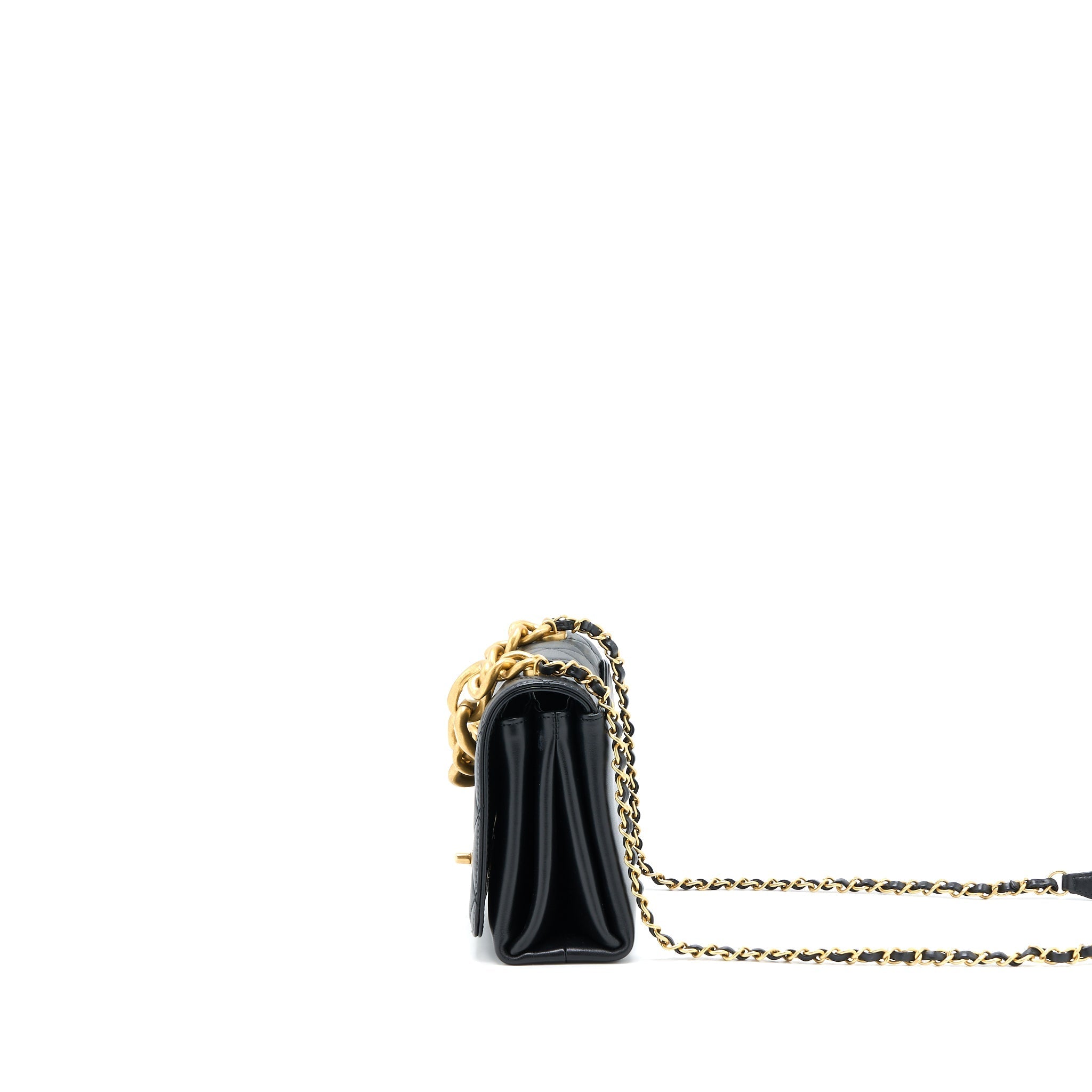 CHANEL SEASONAL FLAP BAG GIANT CHAIN HANDLE WITH PEARL CALFSKIN BLACK BRUSH GHW (MICROCHIP)