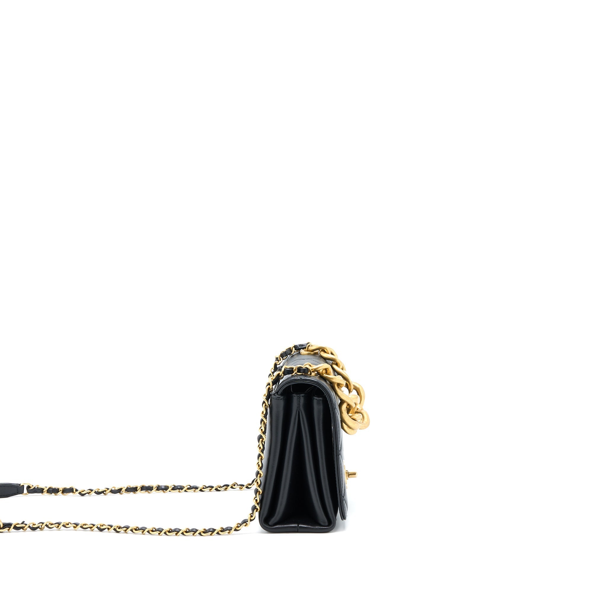 CHANEL SEASONAL FLAP BAG GIANT CHAIN HANDLE WITH PEARL CALFSKIN BLACK BRUSH GHW (MICROCHIP)