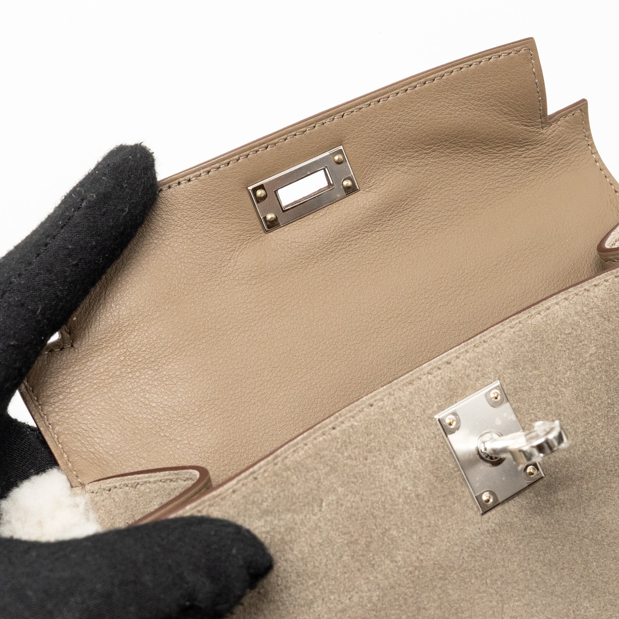 HERMES MINI KELLY PLUCH GRIZZLY/SWIFT/MOUTON MERINOS GRIS CAILLOU/ECRU/ETOUPE SHW