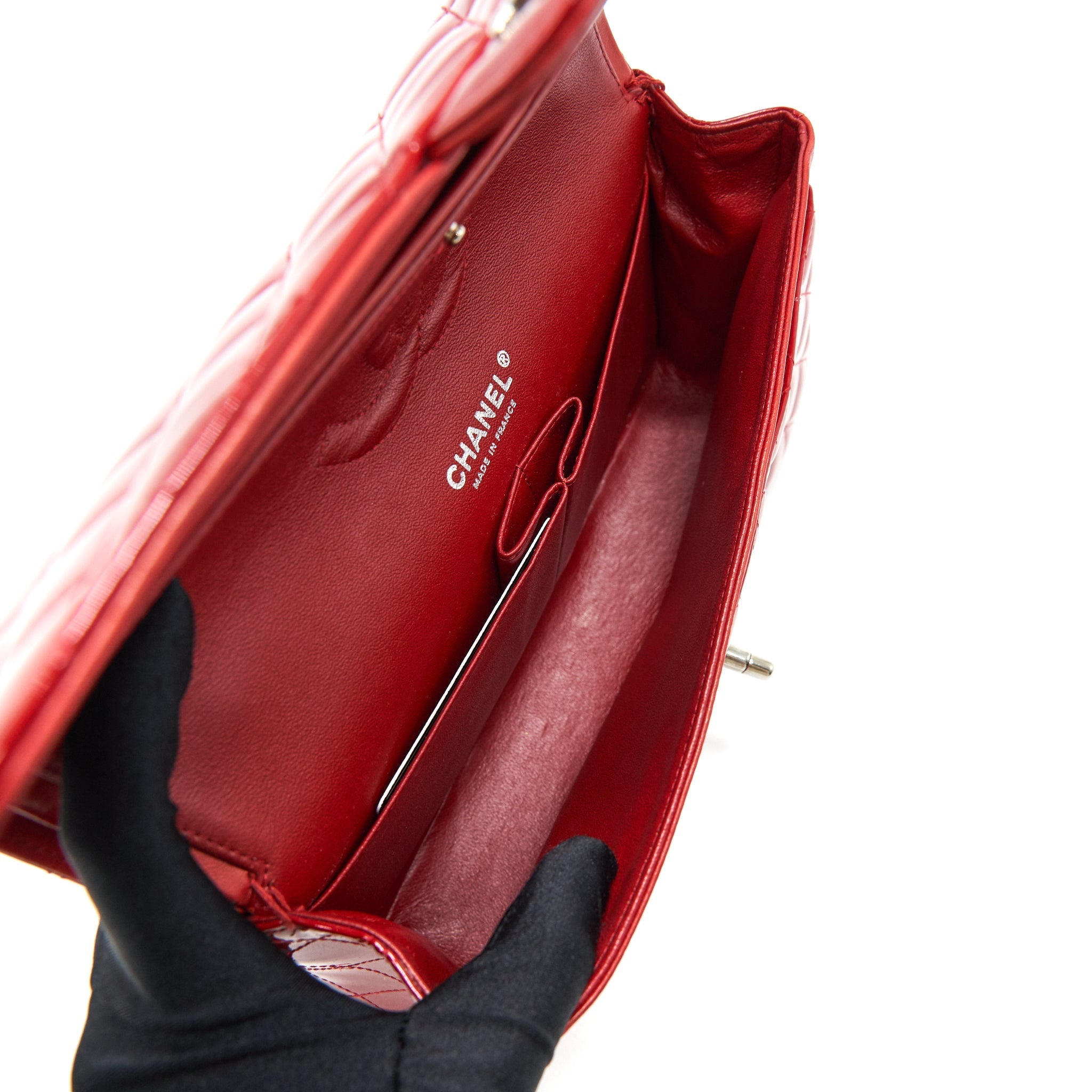 CHANEL MEDIUM CLASSIC DOUBLE FLAP BAG PATENT LEATHER RED SHW