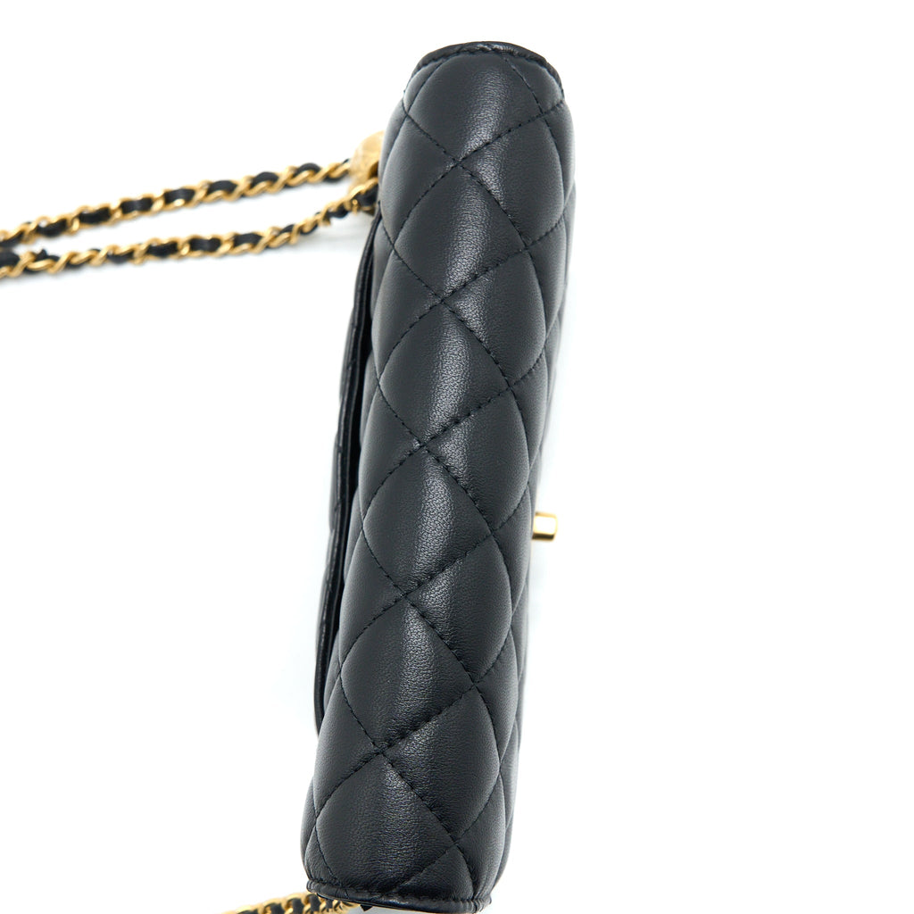 CHANEL PEARL CRUSH WALLET ON CHAIN LAMBSKIN BLACK BRUSHED GHW (MICROCHIP)