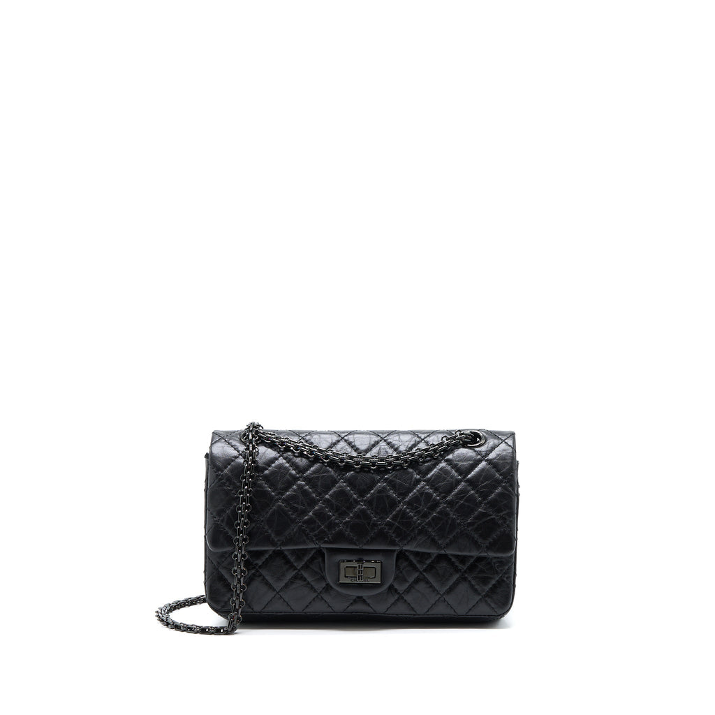 CHANEL SMALL 2.55 REISSUE FLAP BAG AGED CALFSKIN SO BLACK WITH BLACK HARDWARE (MICROCHIP)