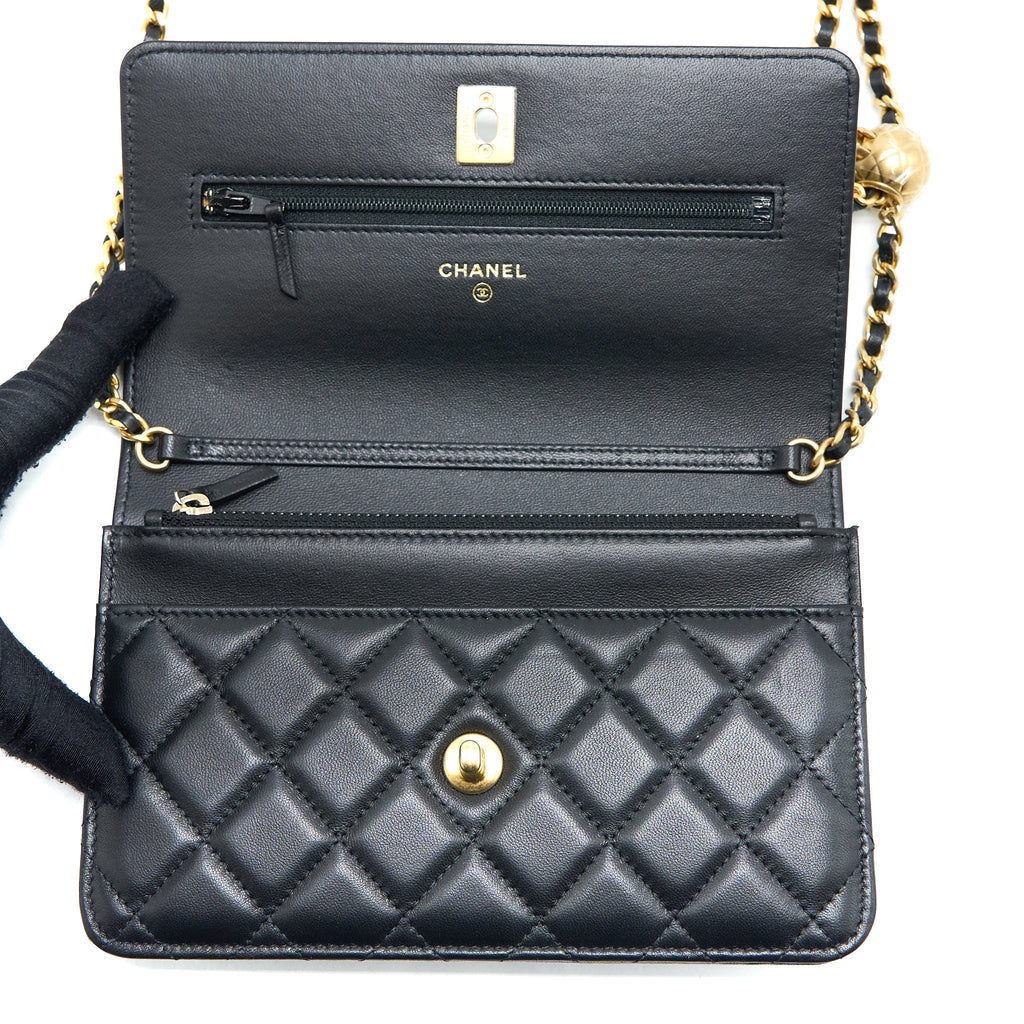 CHANEL PEARL CRUSH WALLET ON CHAIN LAMBSKIN BLACK BRUSHED GHW (MICROCHIP)