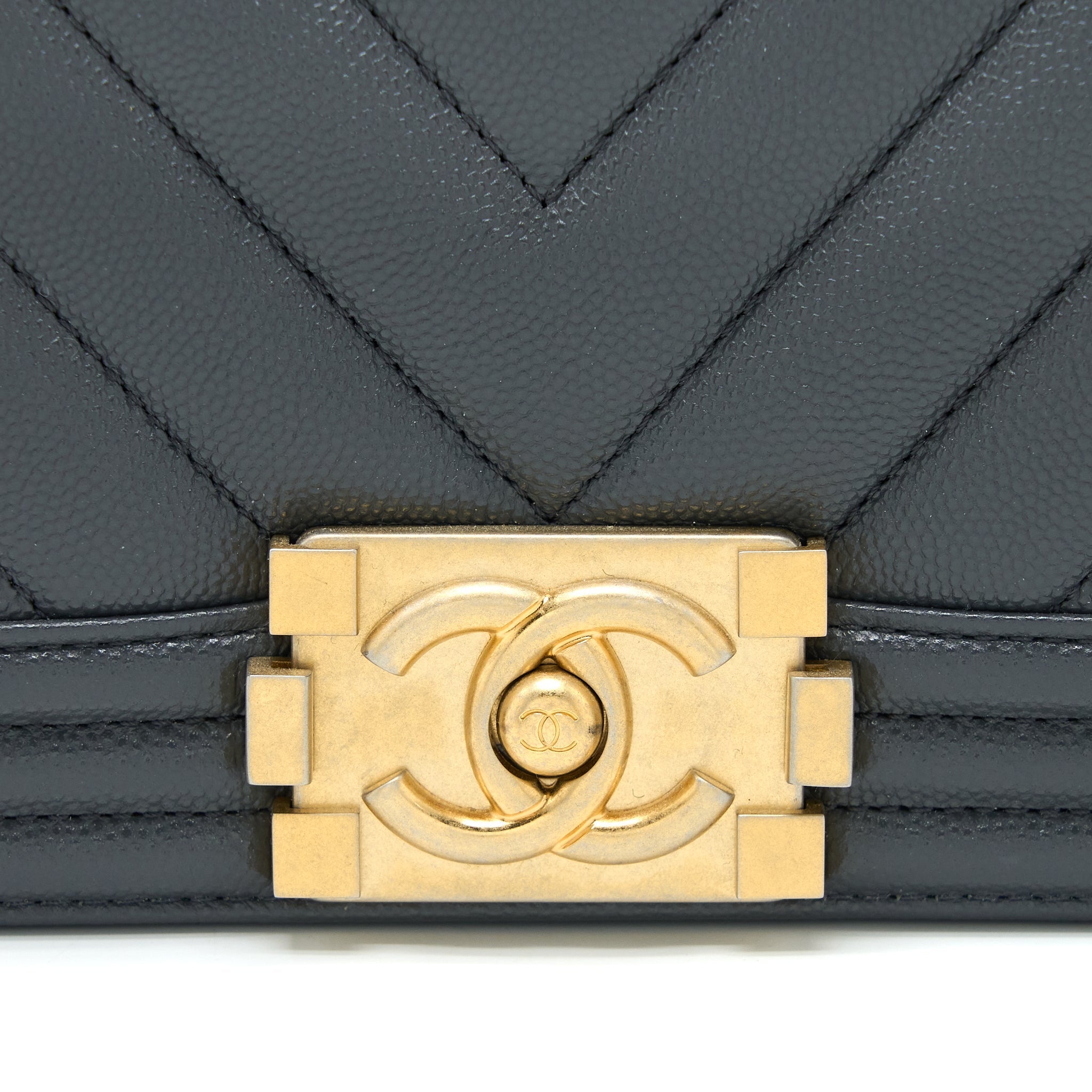 CHANEL SMALL BOY BAG CHEVRON CAVIAR DARK GREY BRUSHED GHW (MICROCHIP)