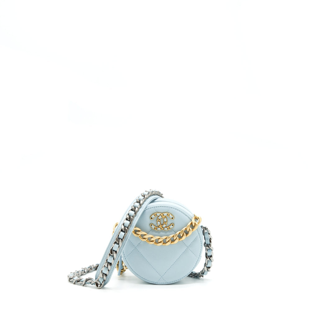 CHANEL 19 ROUND CLUTCH WITH CHAIN LAMBSKIN LIGHT BLUE