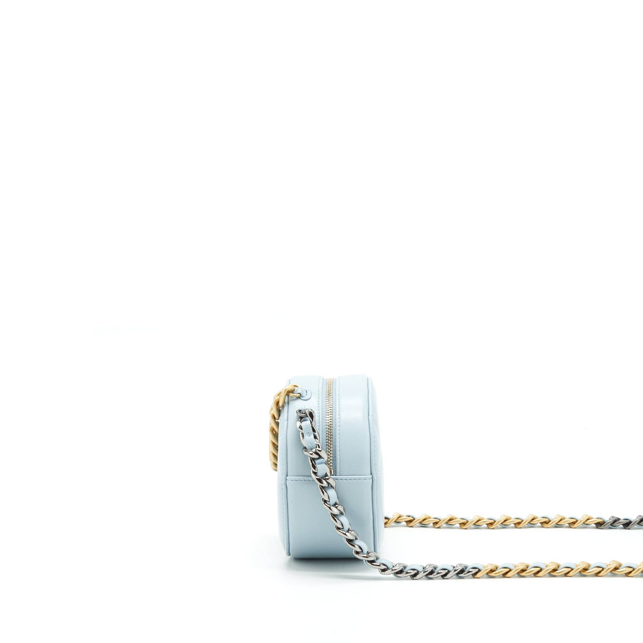 CHANEL 19 ROUND CLUTCH WITH CHAIN LAMBSKIN LIGHT BLUE