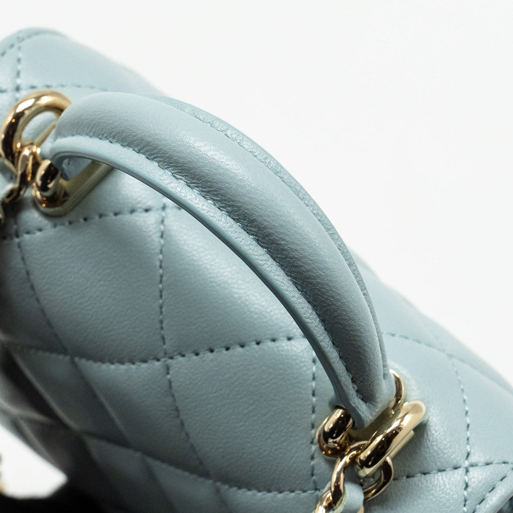 CHANEL TOP HANDLE MINI FLAP BAG LAMBSKIN LIGHT BLUE LGHW