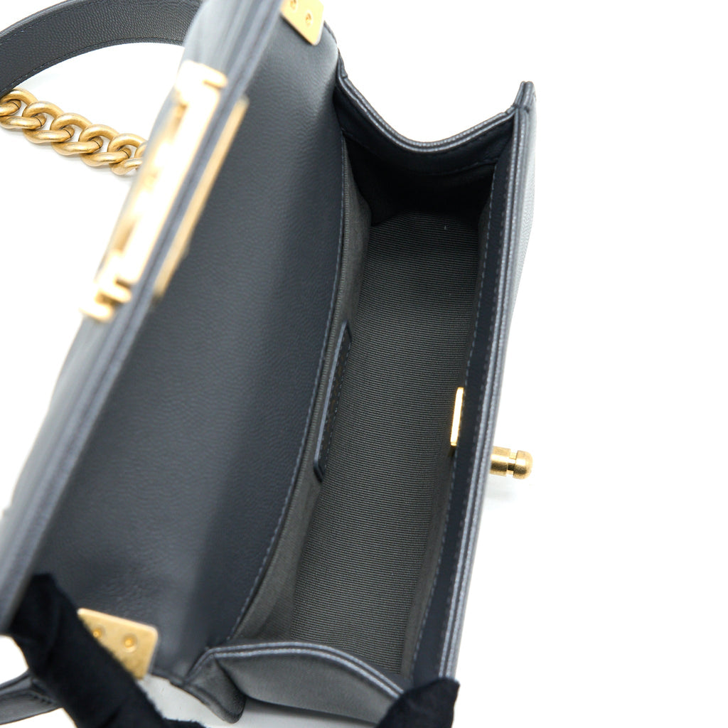 CHANEL SMALL BOY BAG CHEVRON CAVIAR DARK GREY BRUSHED GHW (MICROCHIP)