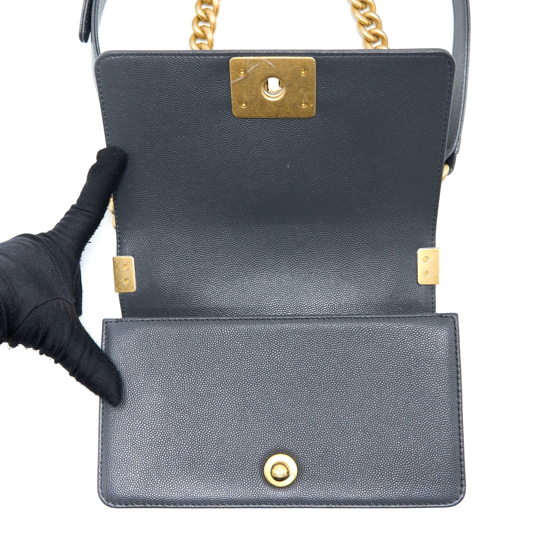 CHANEL SMALL BOY BAG CHEVRON CAVIAR DARK GREY BRUSHED GHW (MICROCHIP)