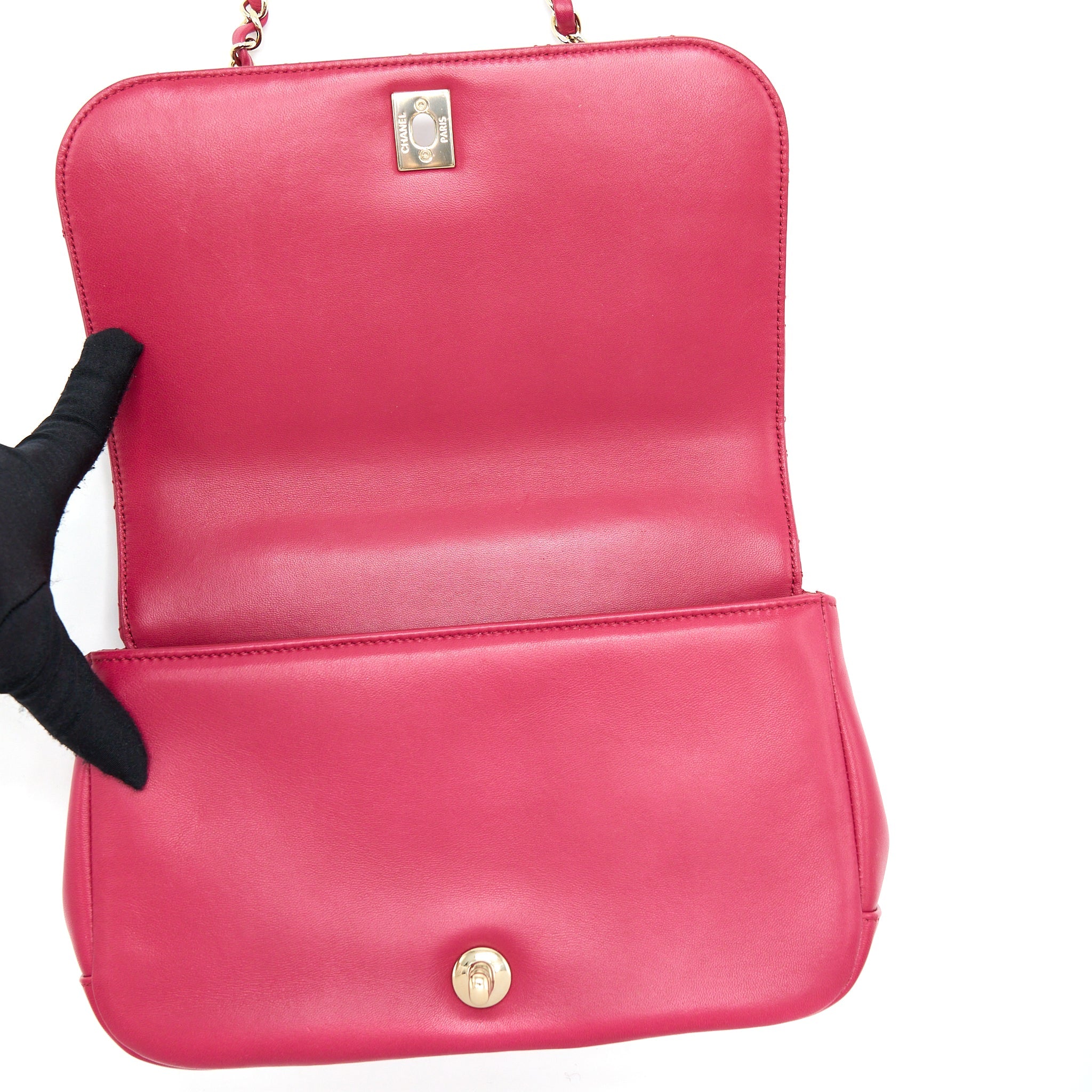 CHANEL TOP HANDLE FLAP BAG CROSSBODY LAMBSKIN PINK GHW