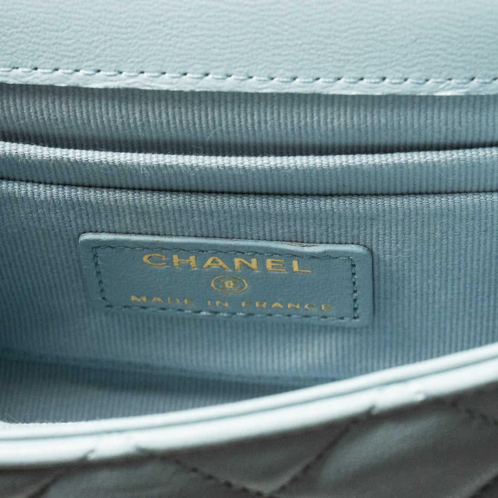 CHANEL TOP HANDLE MINI FLAP BAG LAMBSKIN LIGHT BLUE LGHW