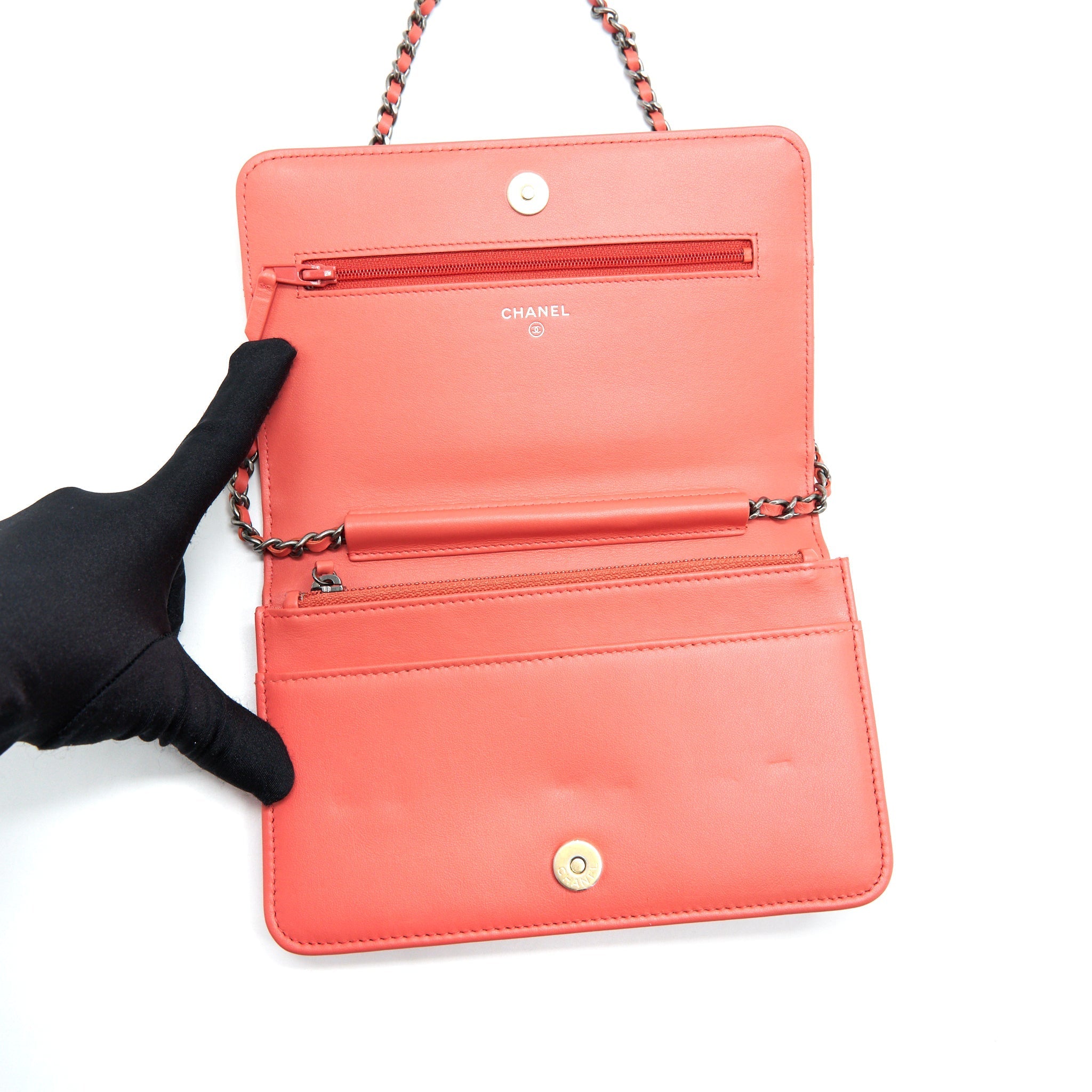 CHANEL WALLET ON CHAIN CORAL PINK DOUBLE COLOUR HARDWARE