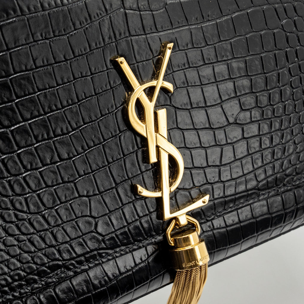 SAINT LAURENT/YSL MEDIUM KATE TASSEL BAG CROC-EMBOSSED CALFSKIN BLACK GHW