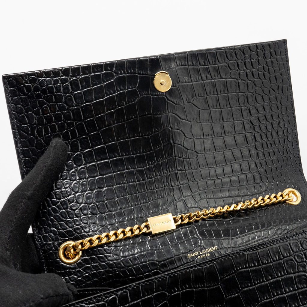 SAINT LAURENT/YSL MEDIUM KATE TASSEL BAG CROC-EMBOSSED CALFSKIN BLACK GHW