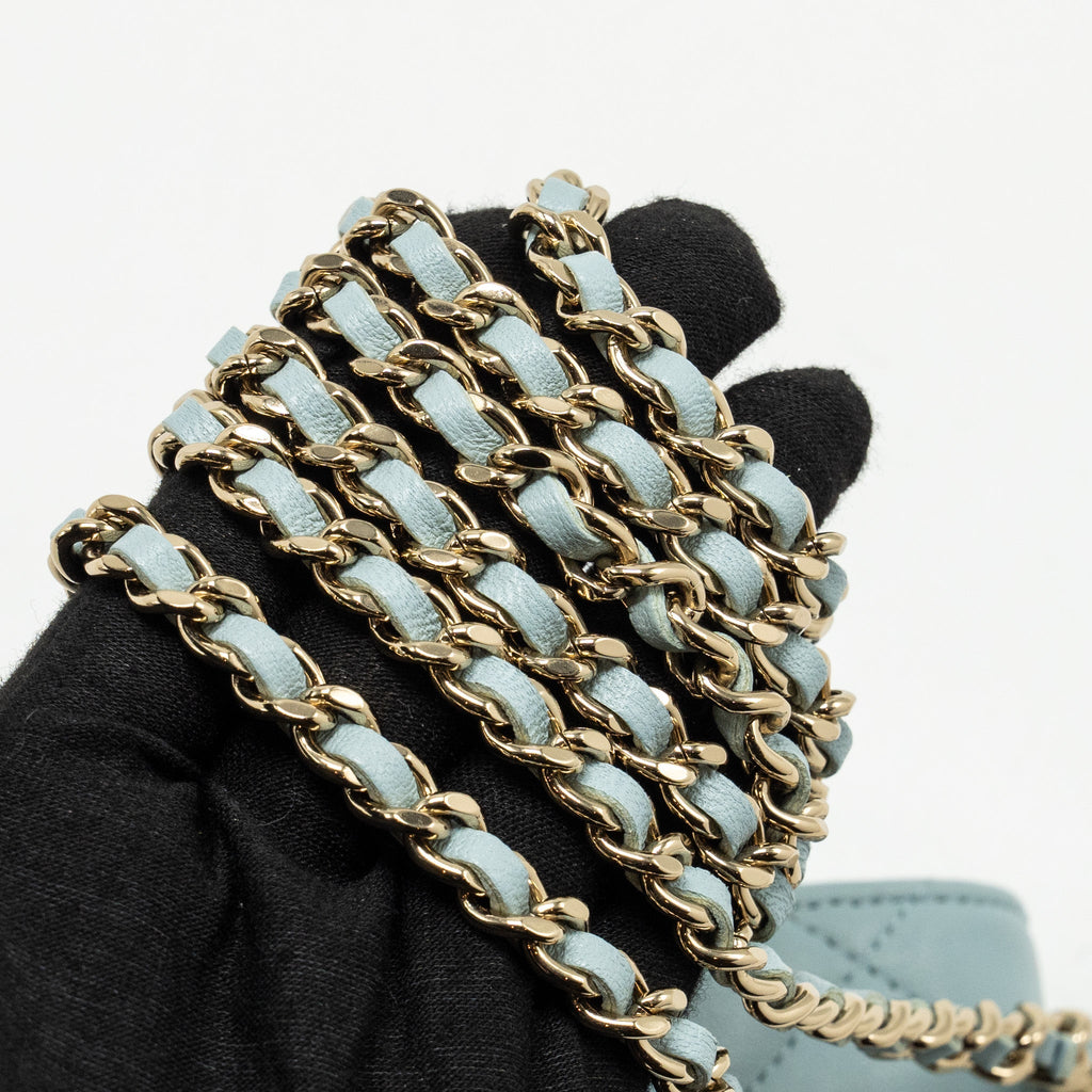CHANEL TOP HANDLE MINI FLAP BAG LAMBSKIN LIGHT BLUE LGHW