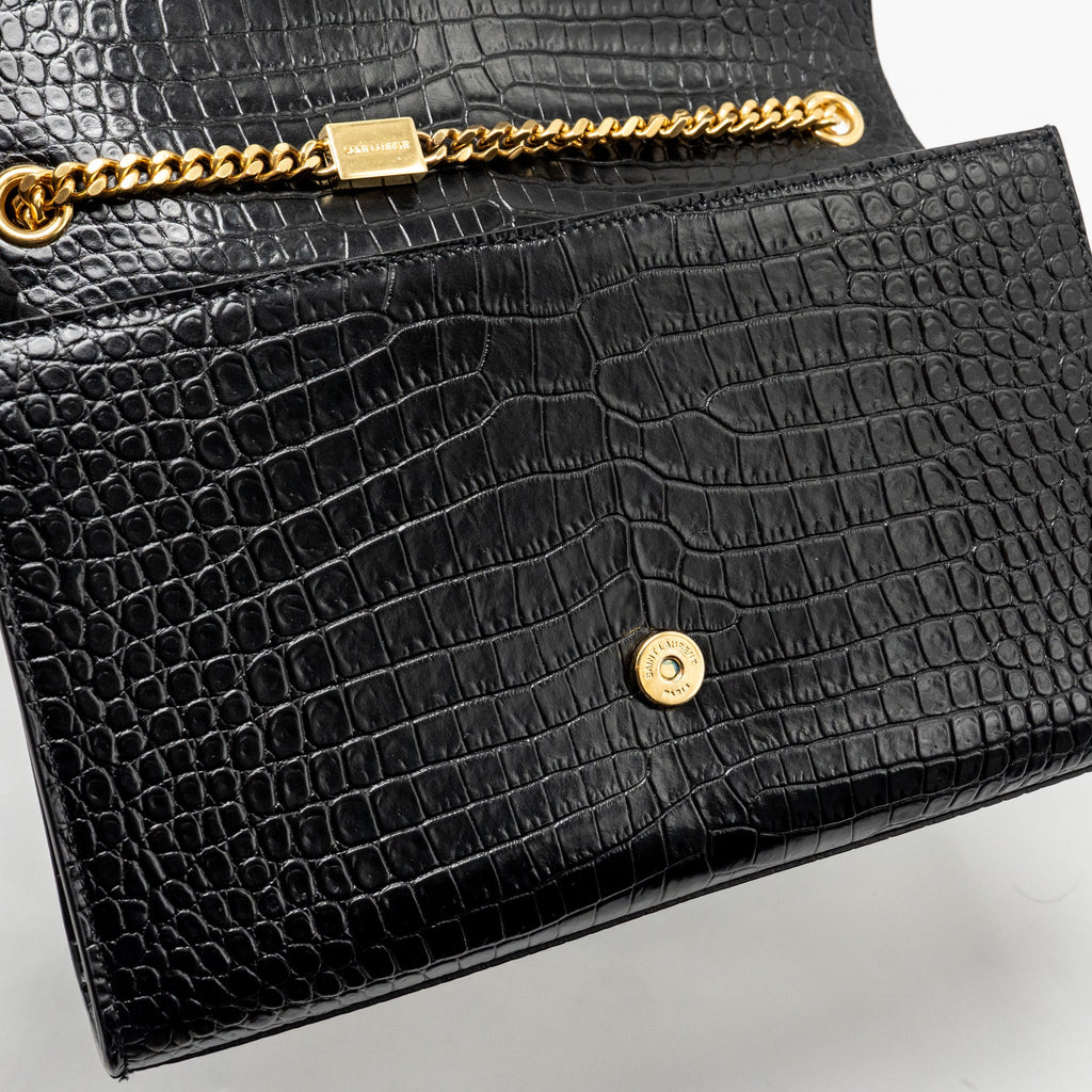 SAINT LAURENT/YSL MEDIUM KATE TASSEL BAG CROC-EMBOSSED CALFSKIN BLACK GHW
