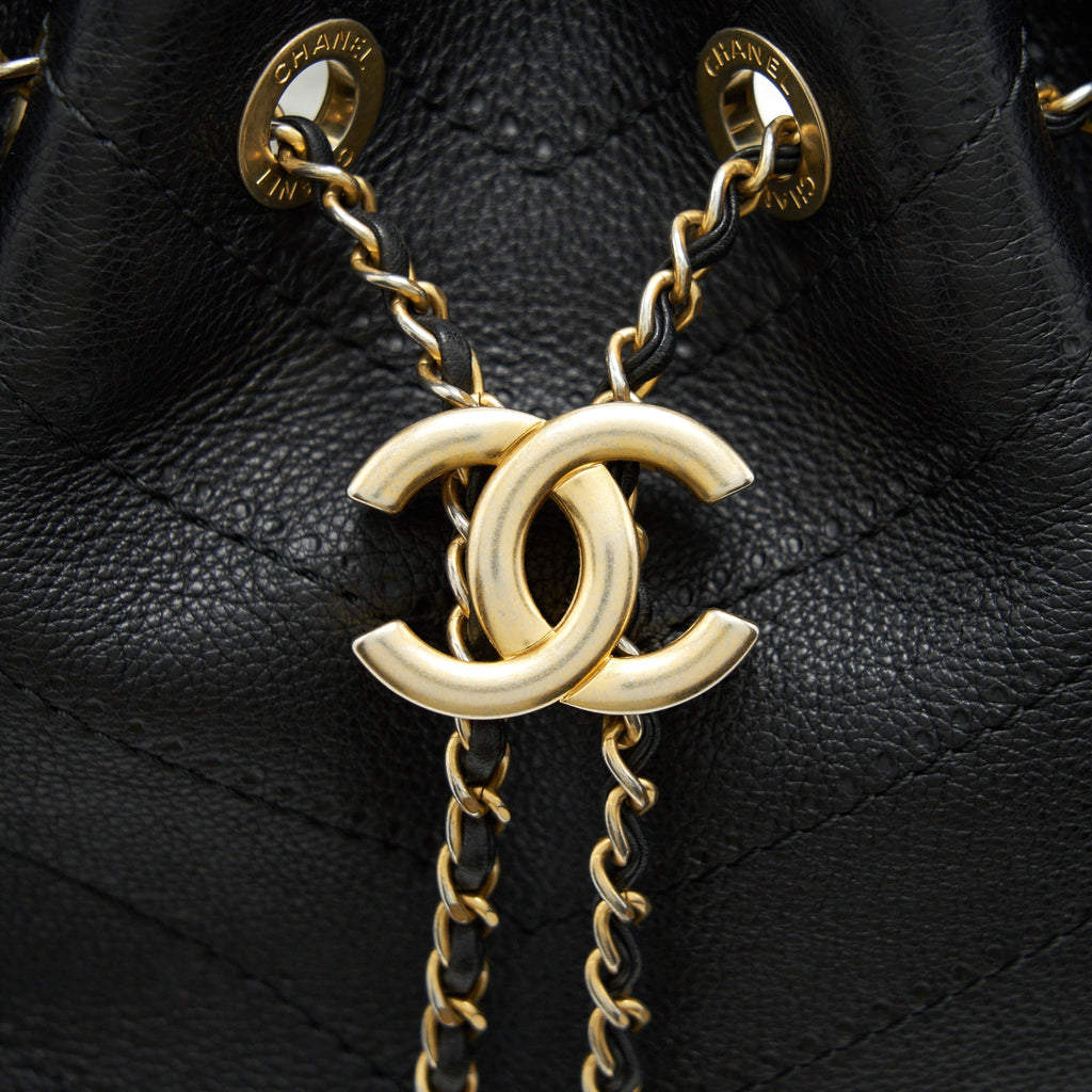 CHANEL CHEVRON BUCKET BAG GRAINED CALFSKIN BLACK GHW