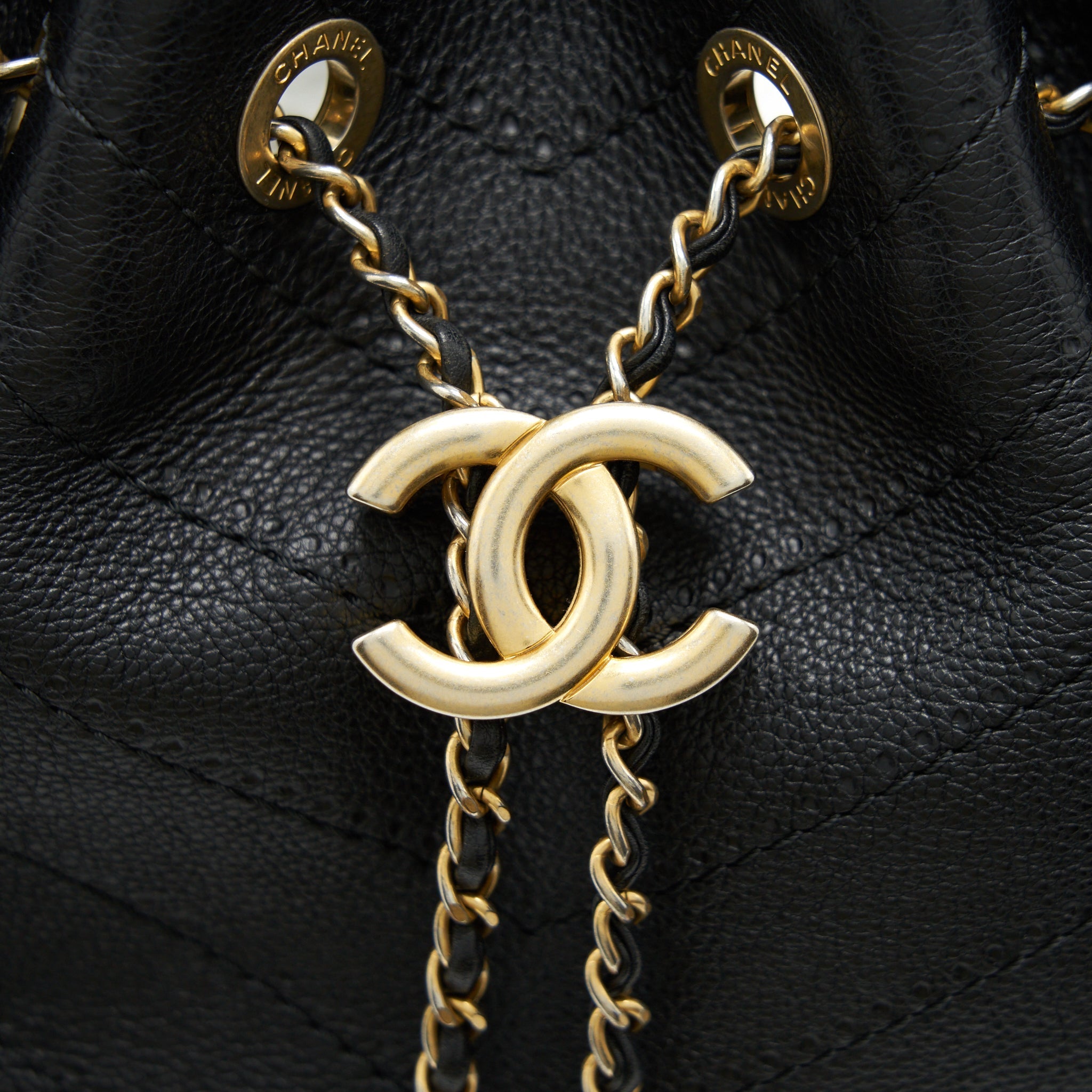 CHANEL CHEVRON BUCKET BAG GRAINED CALFSKIN BLACK GHW