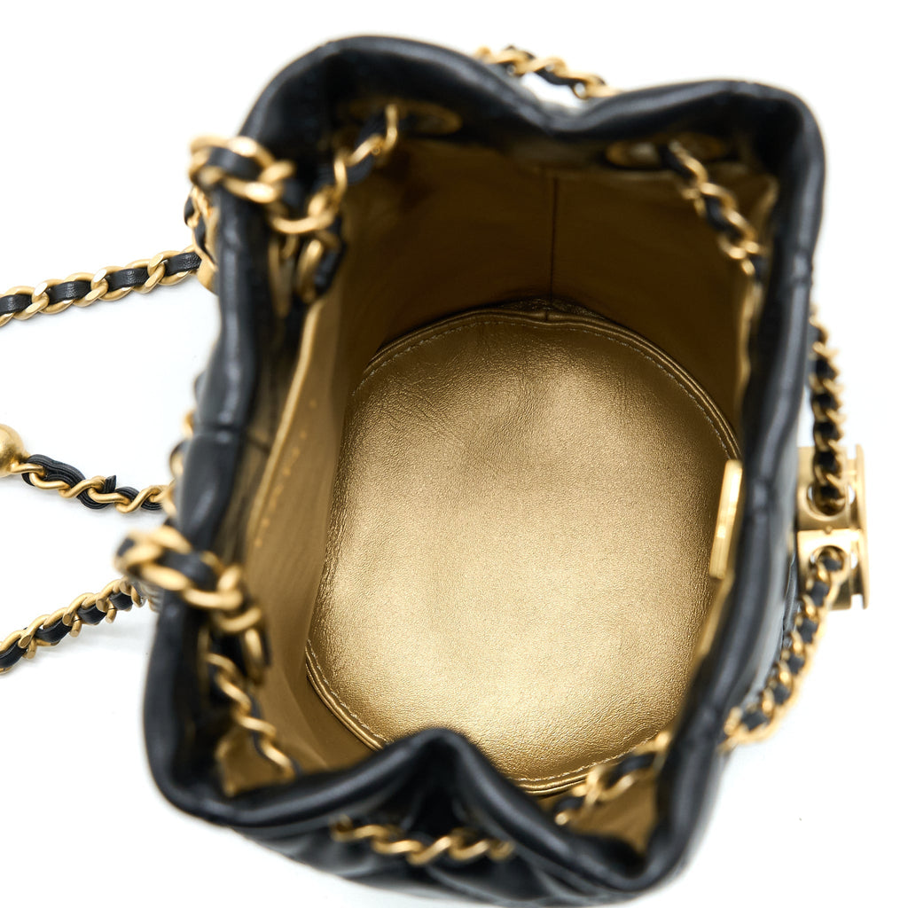 CHANEL 22S PEARL CRUSH BUCKET BAG LAMBSKIN BLACK BRUSHED GHW (MICROCHIP)
