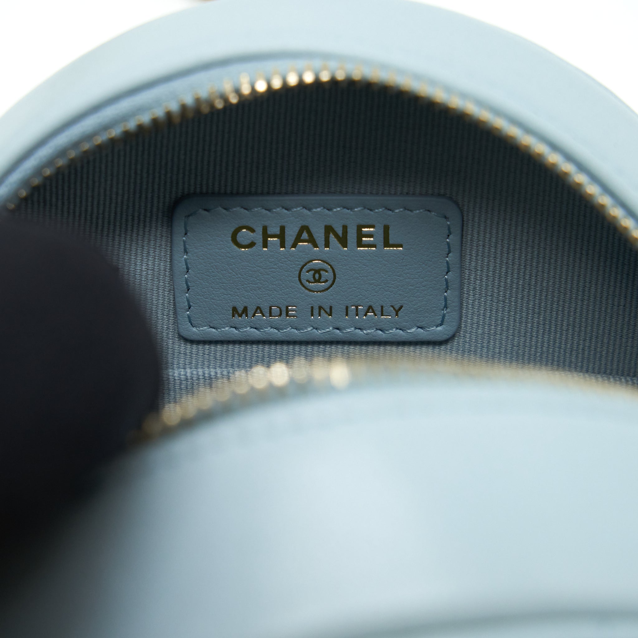 CHANEL 19 ROUND CLUTCH WITH CHAIN LAMBSKIN LIGHT BLUE