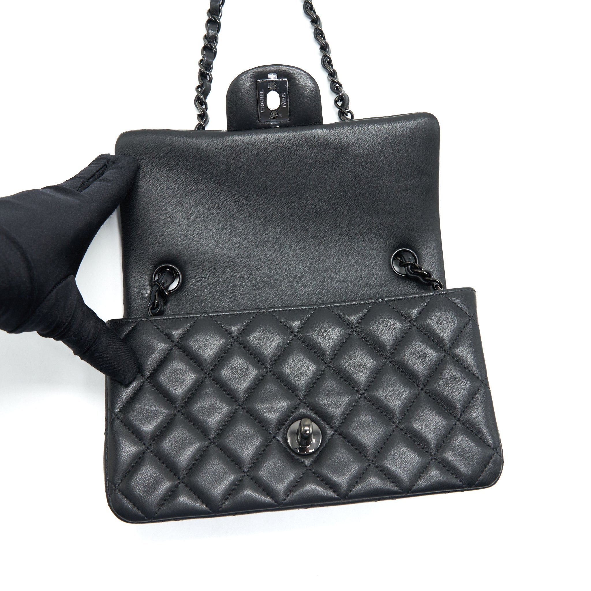 CHANEL MINI RECTANGULAR LAMBSKIN BLACK SO BLACK