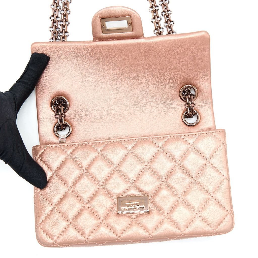 CHANEL MINI 2.55 REISSUE FLAP BAG CALFSKIN METALLIC PINK BRUSHED GOLD (MICROCHIP)