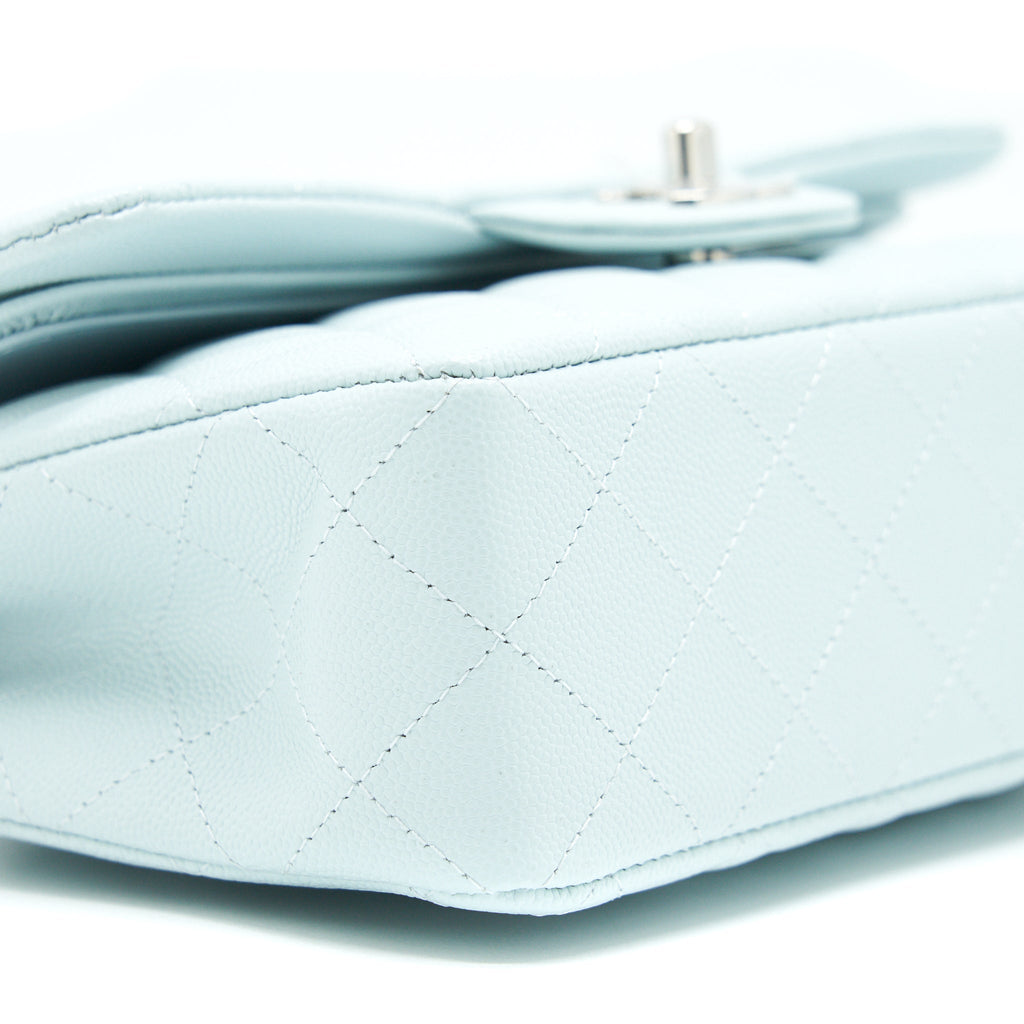CHANEL 21K SMALL CLASSIC DOUBLE FLAP BAG CAVIAR LIGHT BLUE SHW (MICROCHIP)