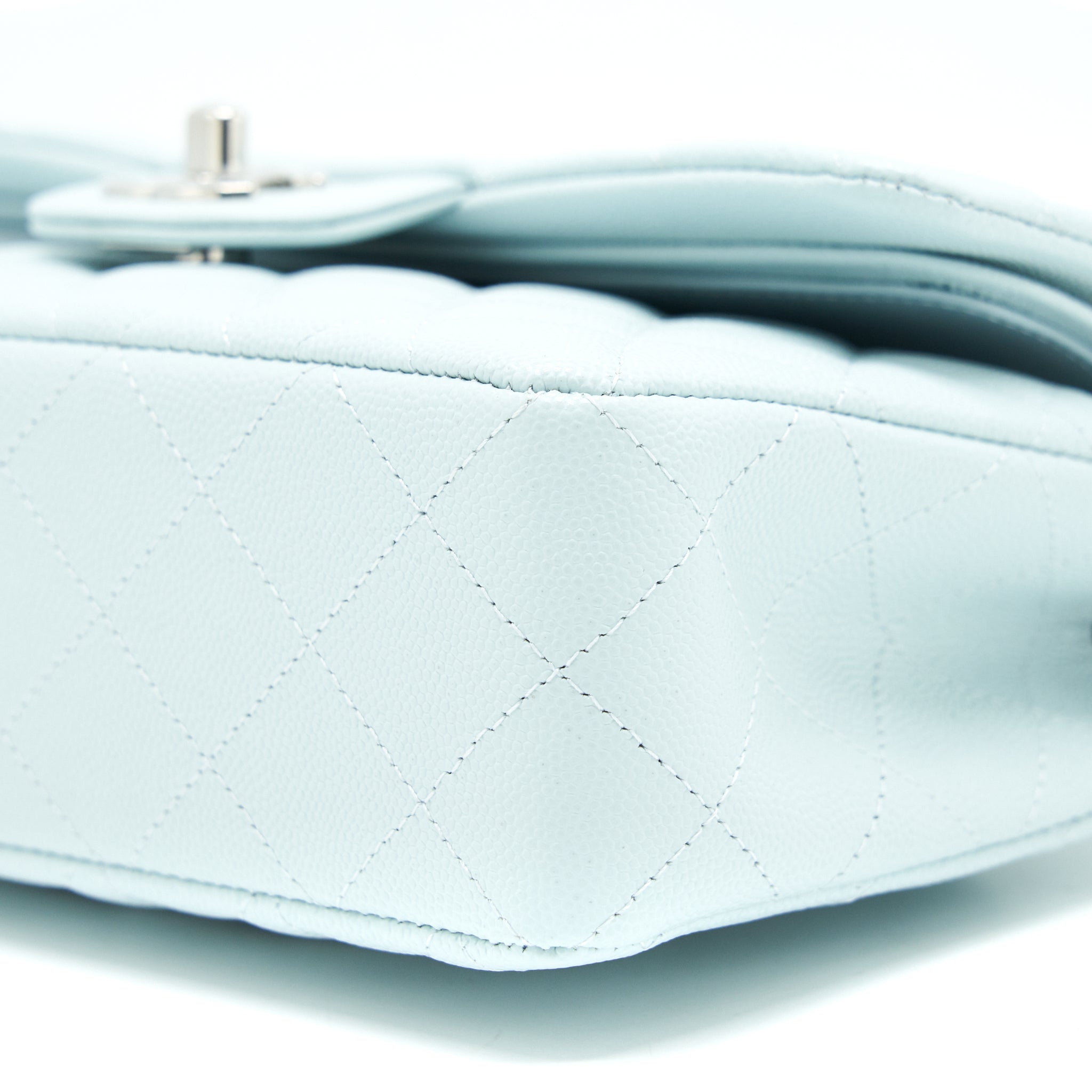 CHANEL 21K SMALL CLASSIC DOUBLE FLAP BAG CAVIAR LIGHT BLUE SHW (MICROCHIP)