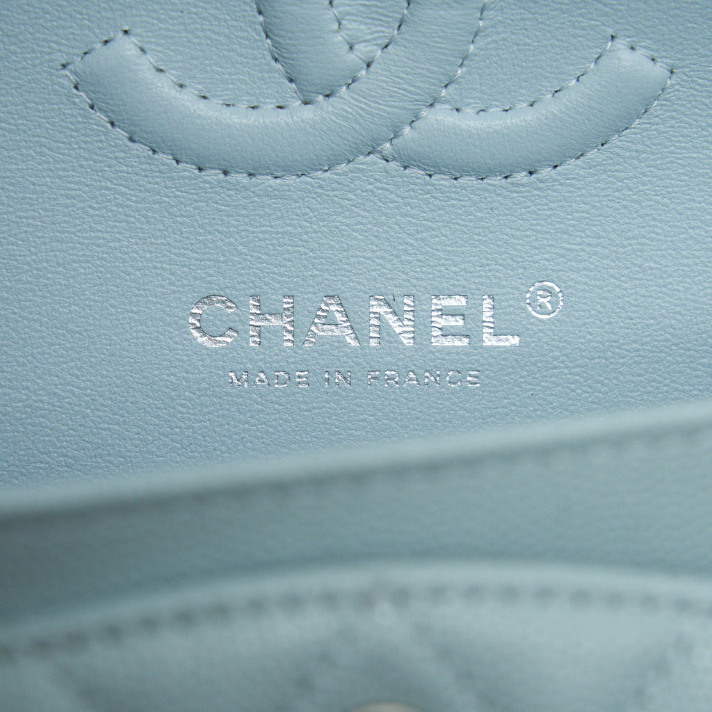 CHANEL 21K SMALL CLASSIC DOUBLE FLAP BAG CAVIAR LIGHT BLUE SHW (MICROCHIP)