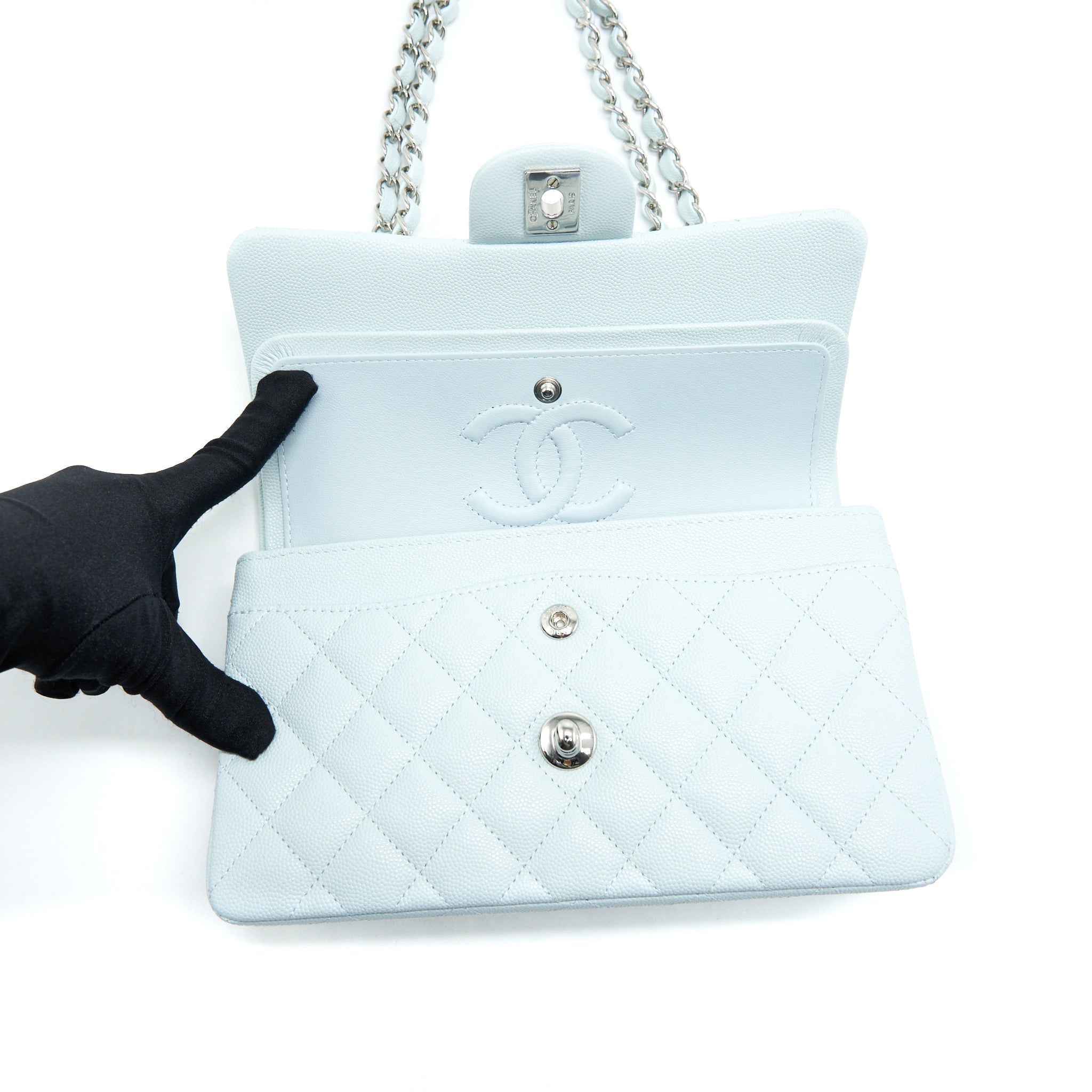 CHANEL 21K SMALL CLASSIC DOUBLE FLAP BAG CAVIAR LIGHT BLUE SHW (MICROCHIP)