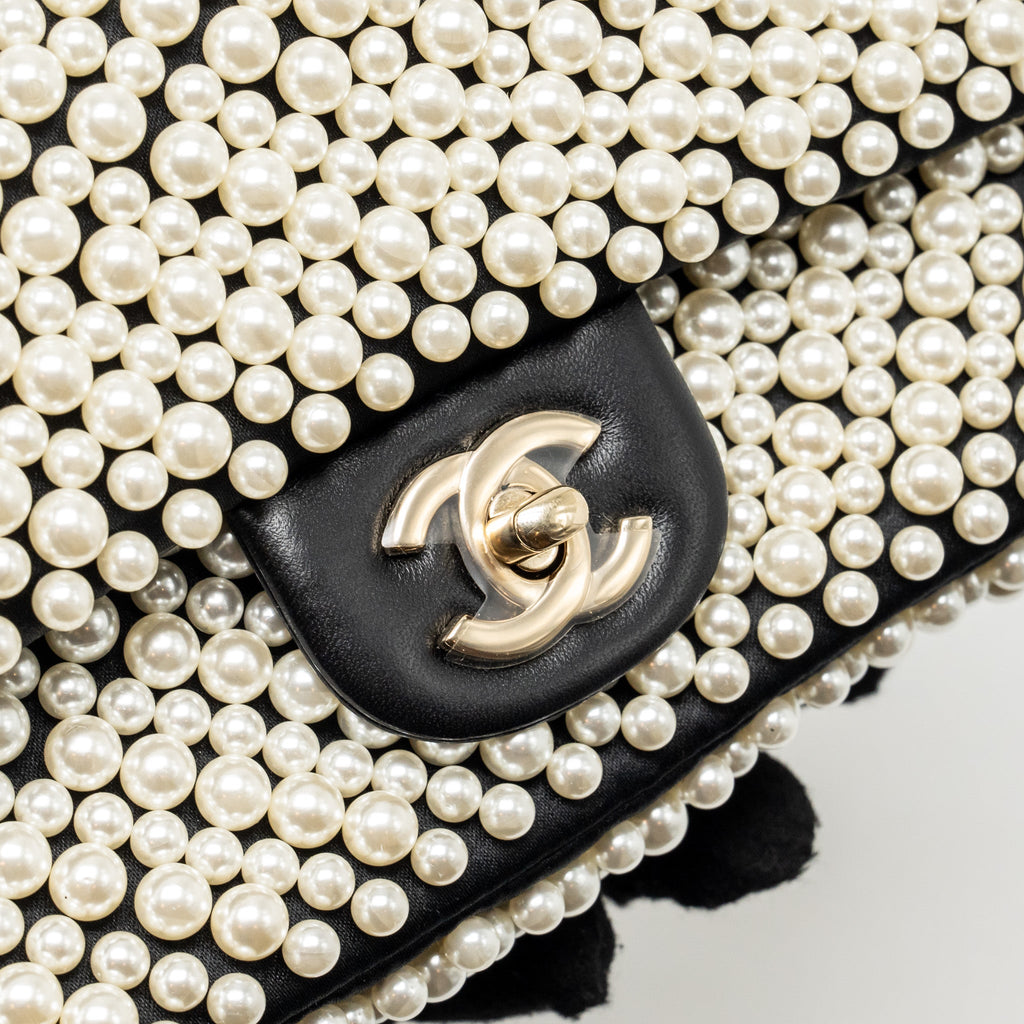 CHANEL 19S PEARL FLAP MINI RECTANGULAR FLAP BAG SATIN/ LAMBSKIN BLACK LGHW