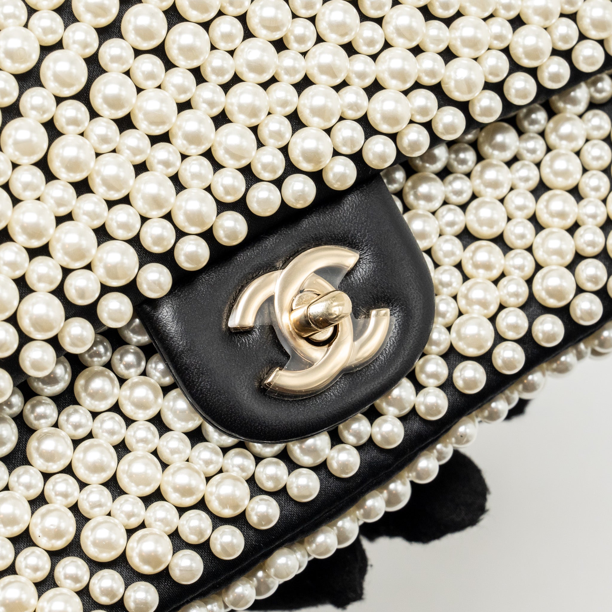 CHANEL 19S PEARL FLAP MINI RECTANGULAR FLAP BAG SATIN/ LAMBSKIN BLACK LGHW