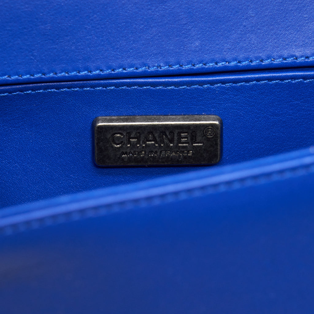 CHANEL SMALL BOY CRYSTAL GALUCHAT BLUE RUTHENIUM HARDWARE