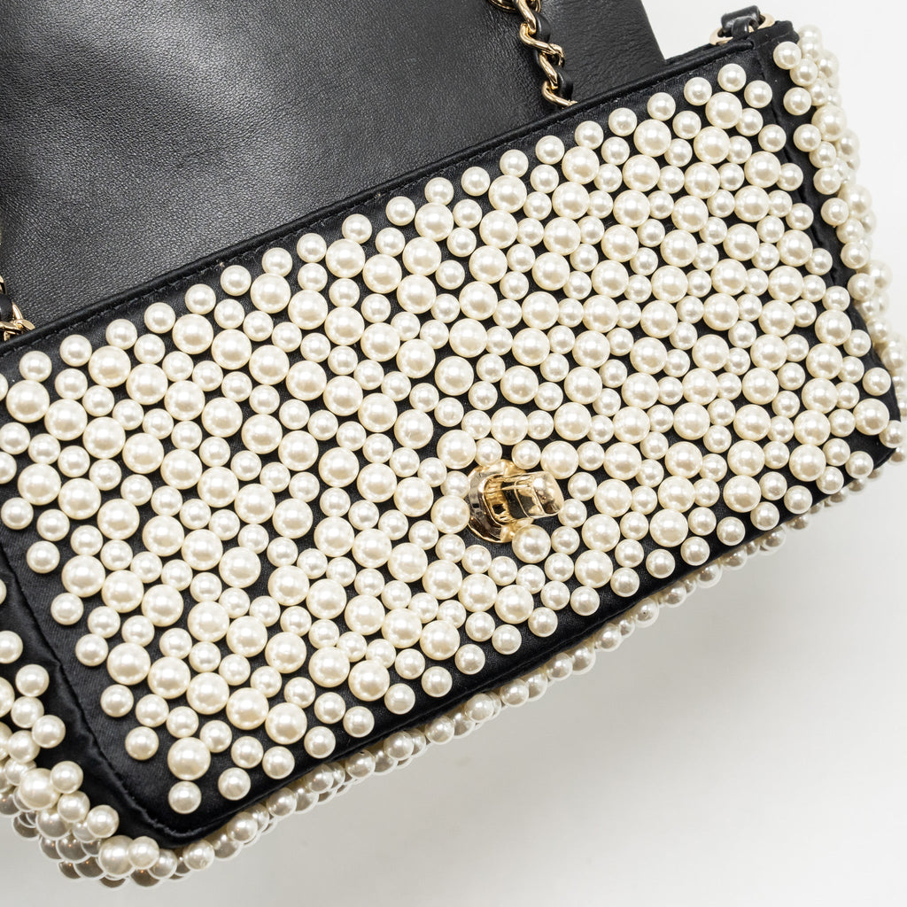 CHANEL 19S PEARL FLAP MINI RECTANGULAR FLAP BAG SATIN/ LAMBSKIN BLACK LGHW