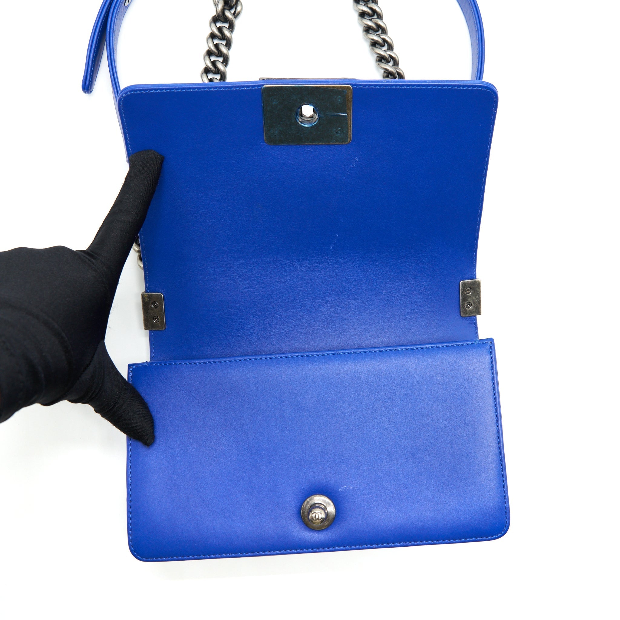 CHANEL SMALL BOY CRYSTAL GALUCHAT BLUE RUTHENIUM HARDWARE
