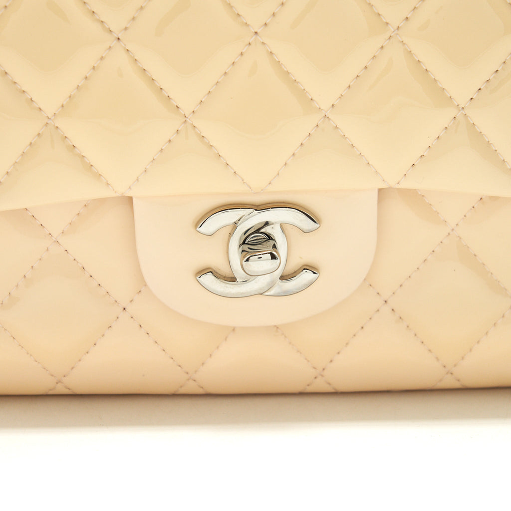 CHANEL PATENT LEATHER MEDIUM CLASSIC DOUBLE FLAP BAG BEIGE SHW