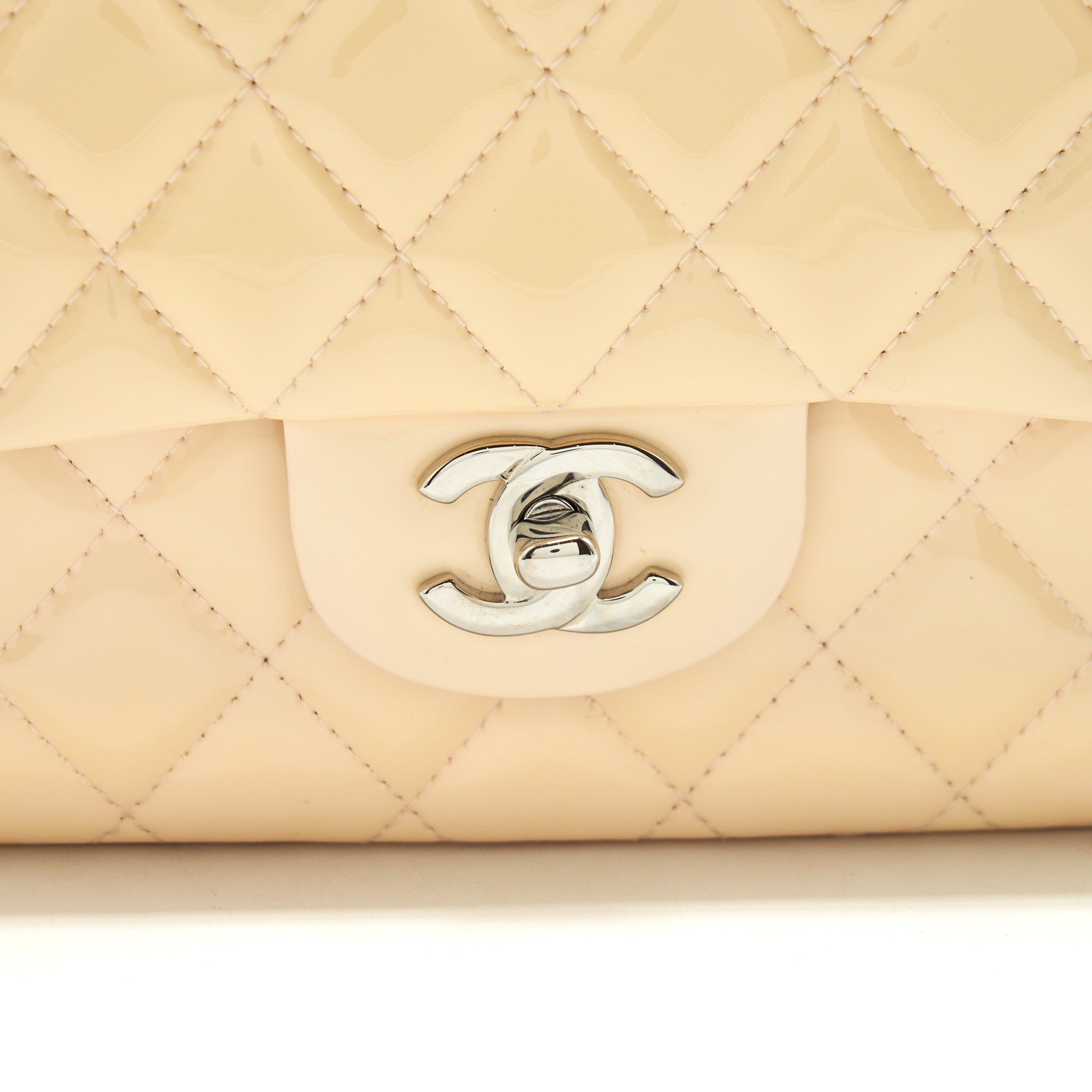 CHANEL PATENT LEATHER MEDIUM CLASSIC DOUBLE FLAP BAG BEIGE SHW