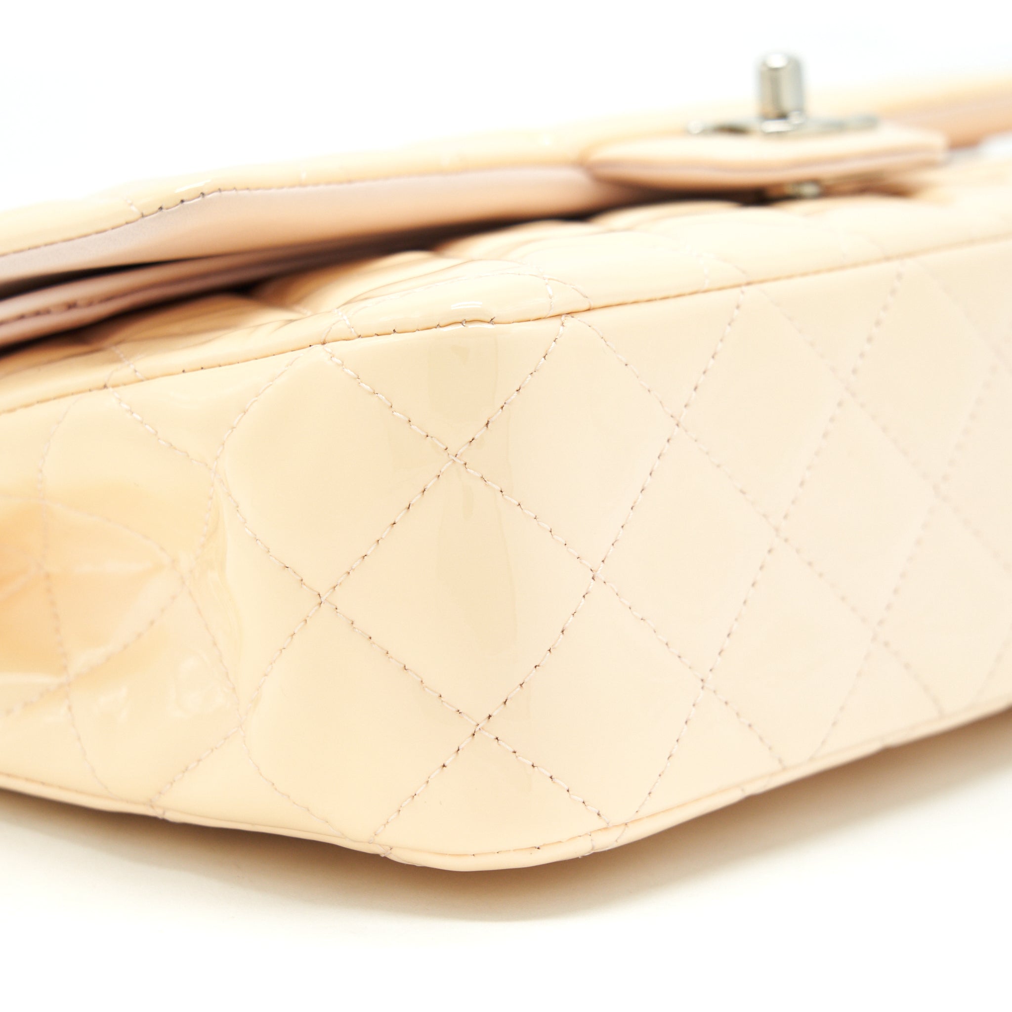 CHANEL PATENT LEATHER MEDIUM CLASSIC DOUBLE FLAP BAG BEIGE SHW