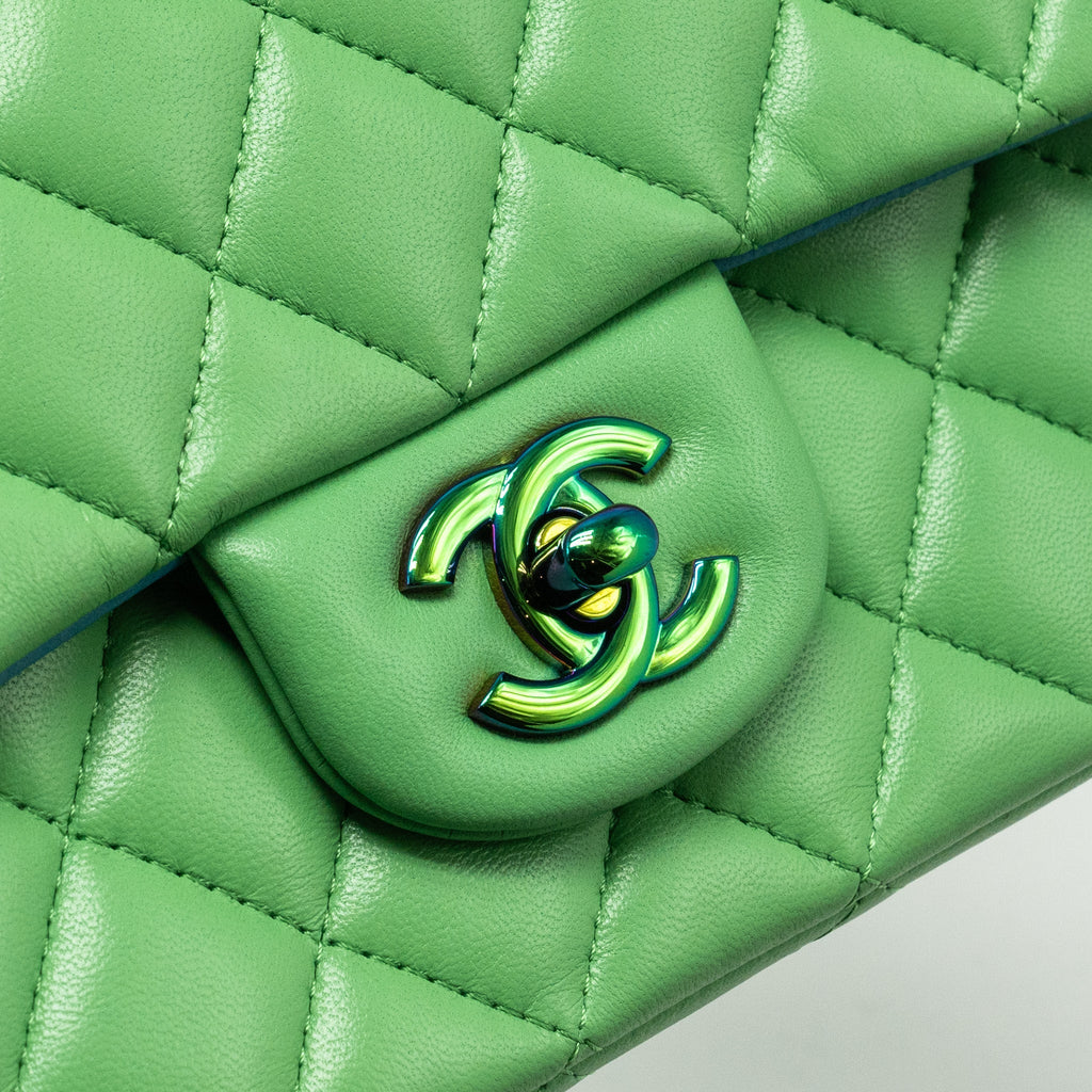 CHANEL MINI RECTANGULAR FLAP BAG LAMBSKIN GREEN IRIDESCENT HARDWARE