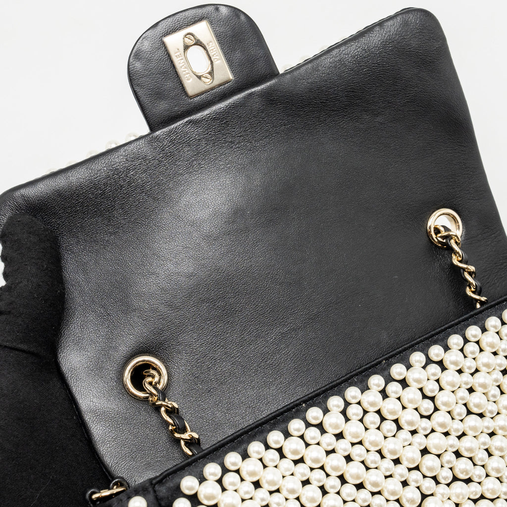 CHANEL 19S PEARL FLAP MINI RECTANGULAR FLAP BAG SATIN/ LAMBSKIN BLACK LGHW
