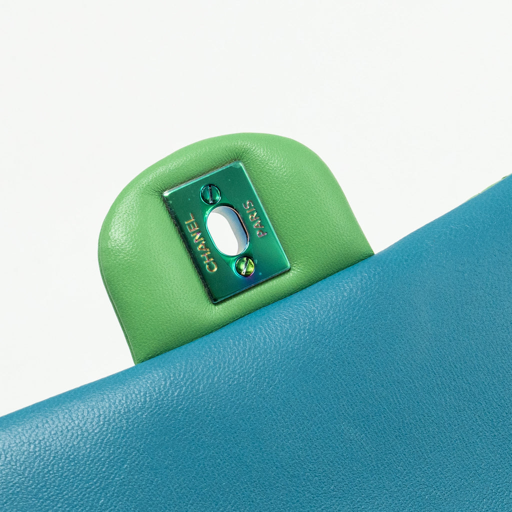 CHANEL MINI RECTANGULAR FLAP BAG LAMBSKIN GREEN IRIDESCENT HARDWARE
