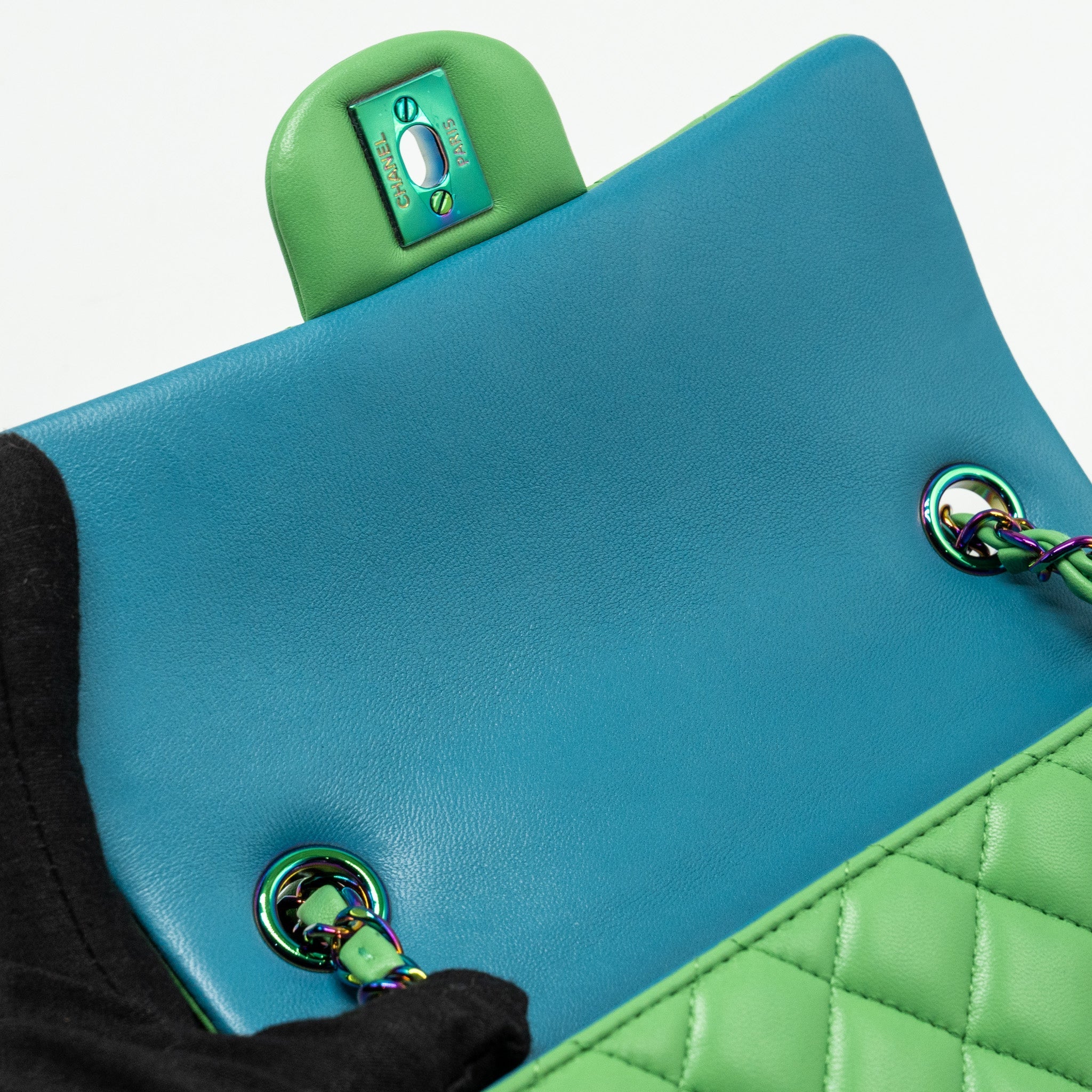 CHANEL MINI RECTANGULAR FLAP BAG LAMBSKIN GREEN IRIDESCENT HARDWARE