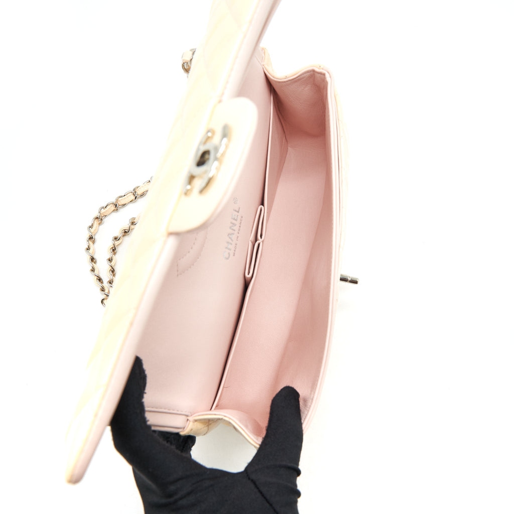 CHANEL PATENT LEATHER MEDIUM CLASSIC DOUBLE FLAP BAG BEIGE SHW