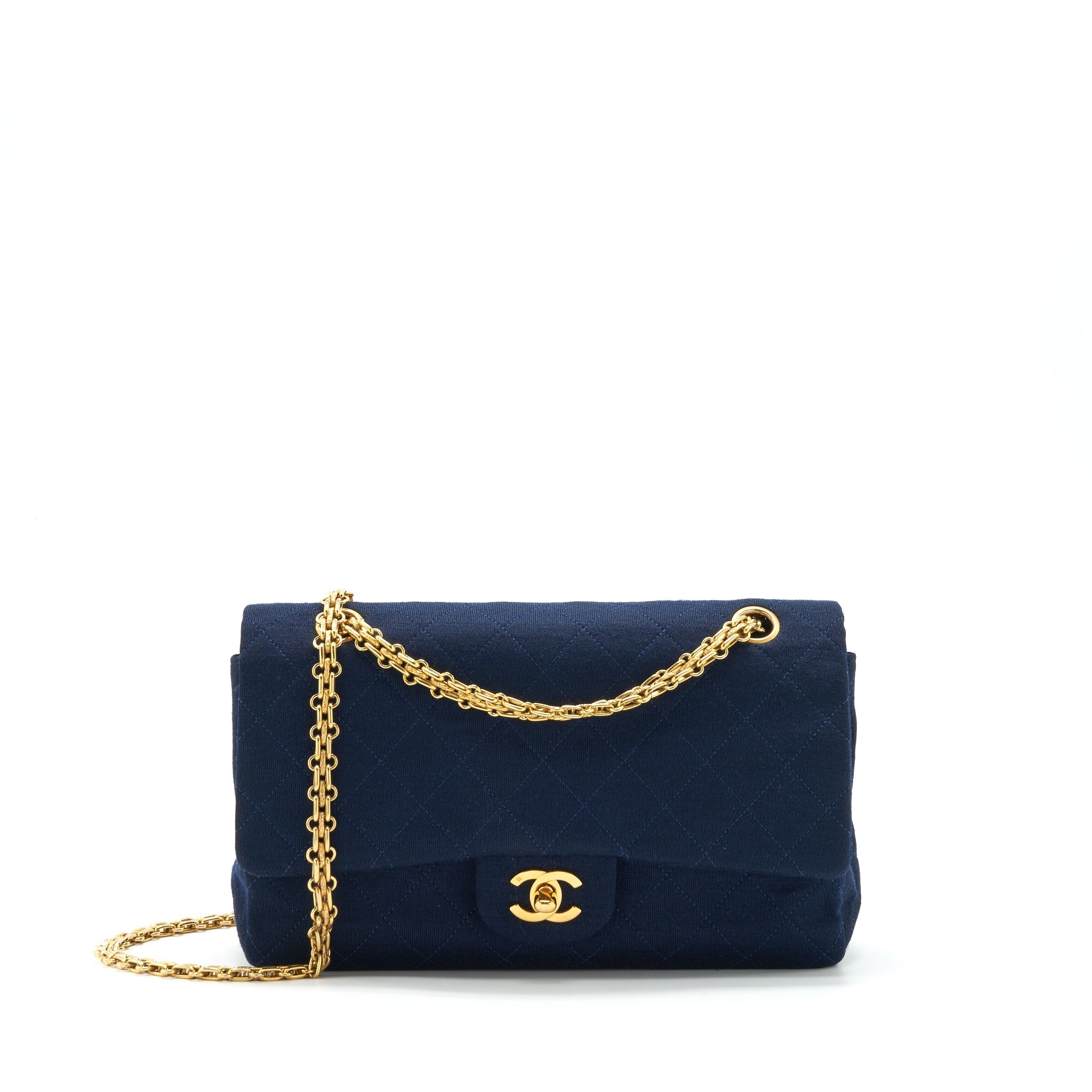 CHANEL VINTAGE MEDIUM CLASSIC DOUBLE FLAP BAG FABRIC NAVY GHW