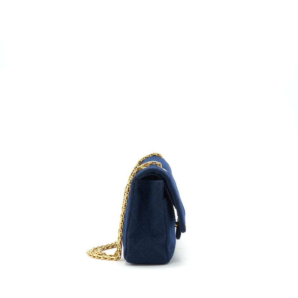 CHANEL VINTAGE MEDIUM CLASSIC DOUBLE FLAP BAG FABRIC NAVY GHW