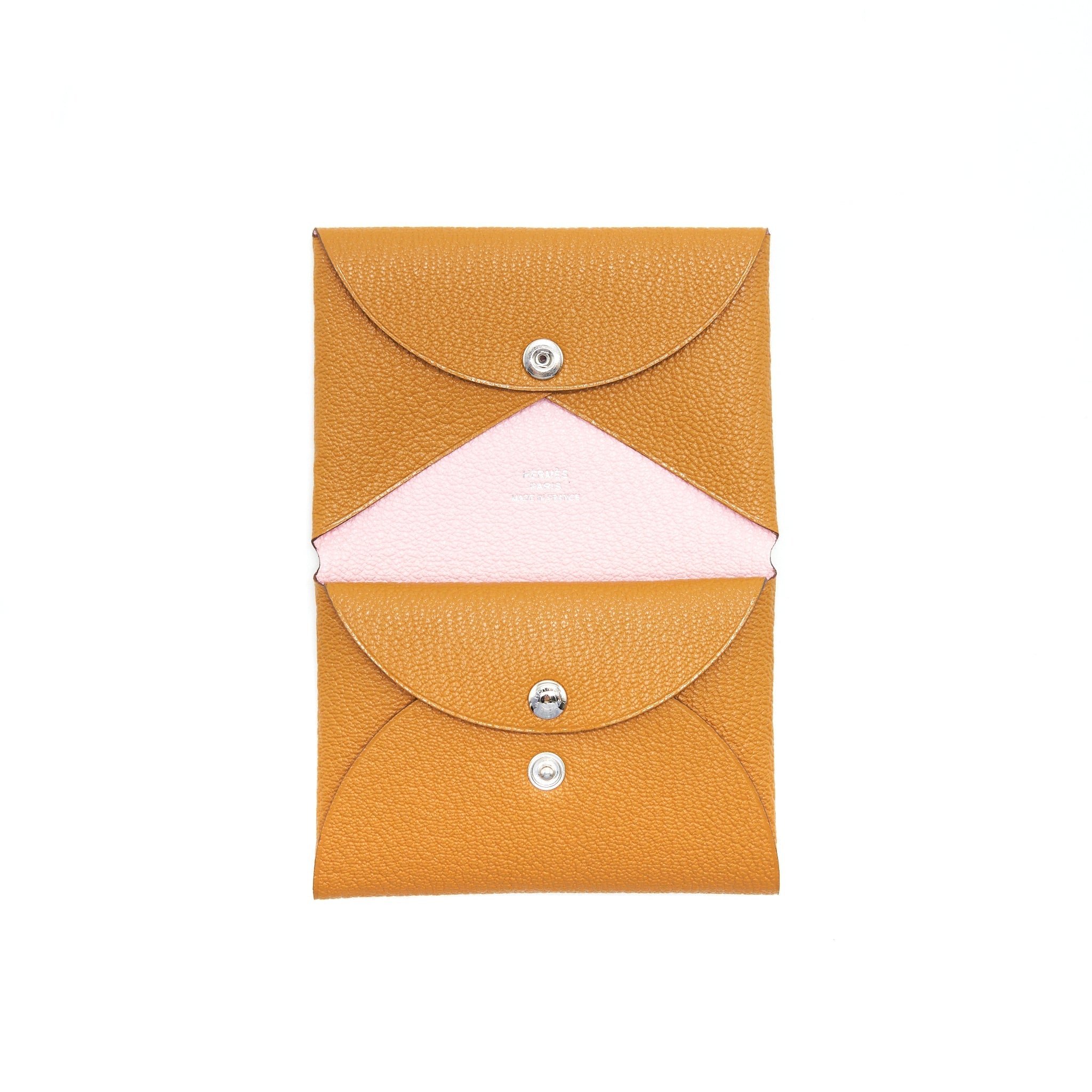 HERMES CALVI DUO CARD HOLDER CARAMEL/ ROSE SAKURA CHEVRE MYSORE LEATHER