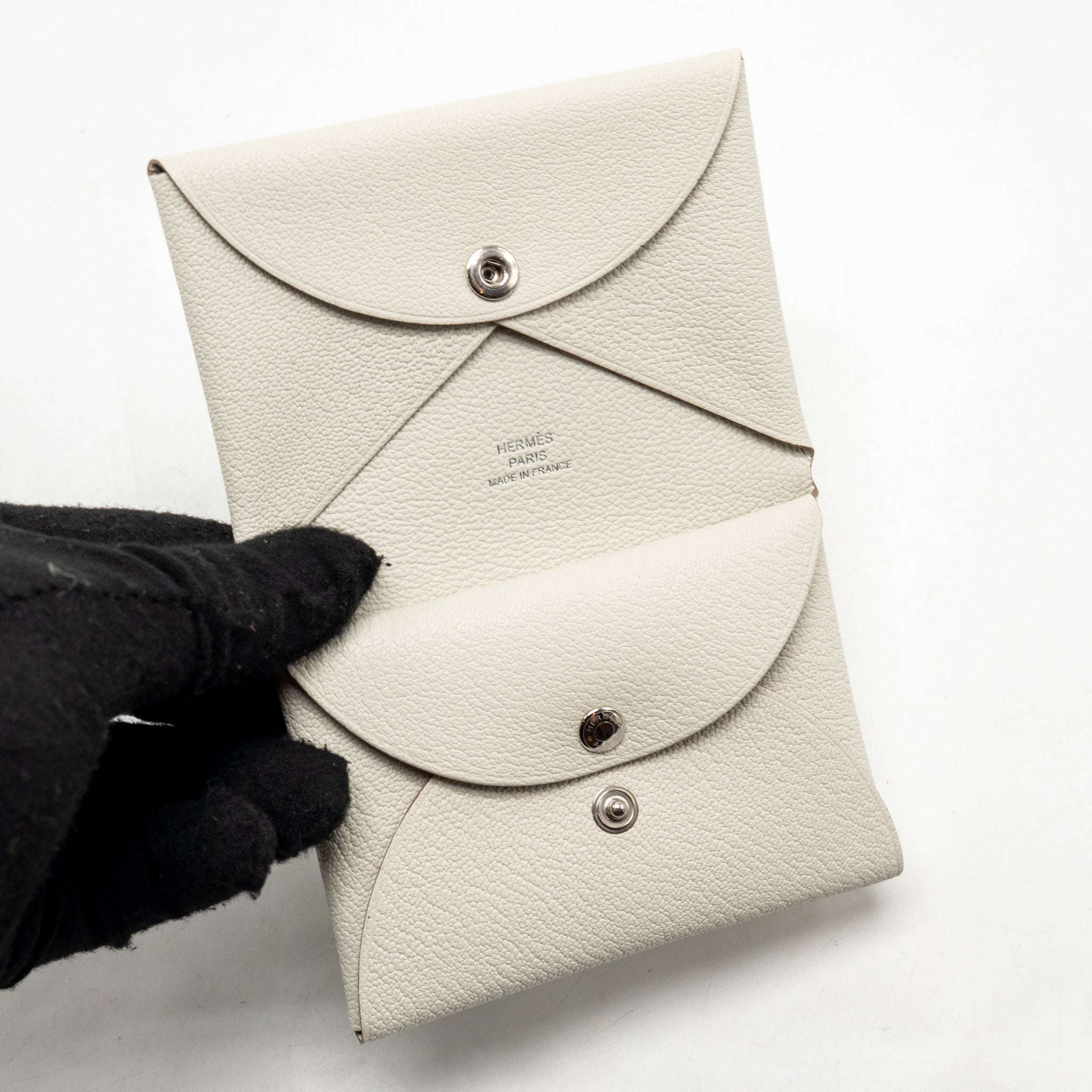 HERMES CALVI DUO CARD HOLDER CHEVRE MYSORE GOATSKIN GRIS PALE SHW