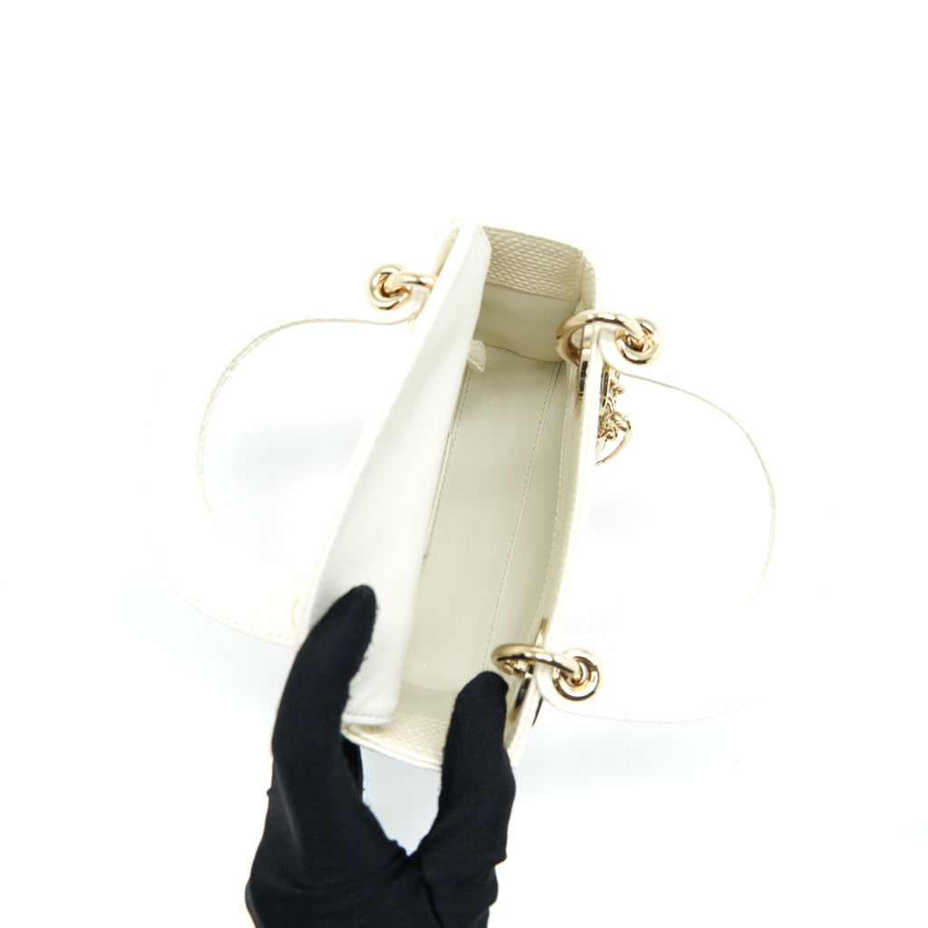 DIOR LIZARD MINI LADY DIOR BAG WHITE LGHW