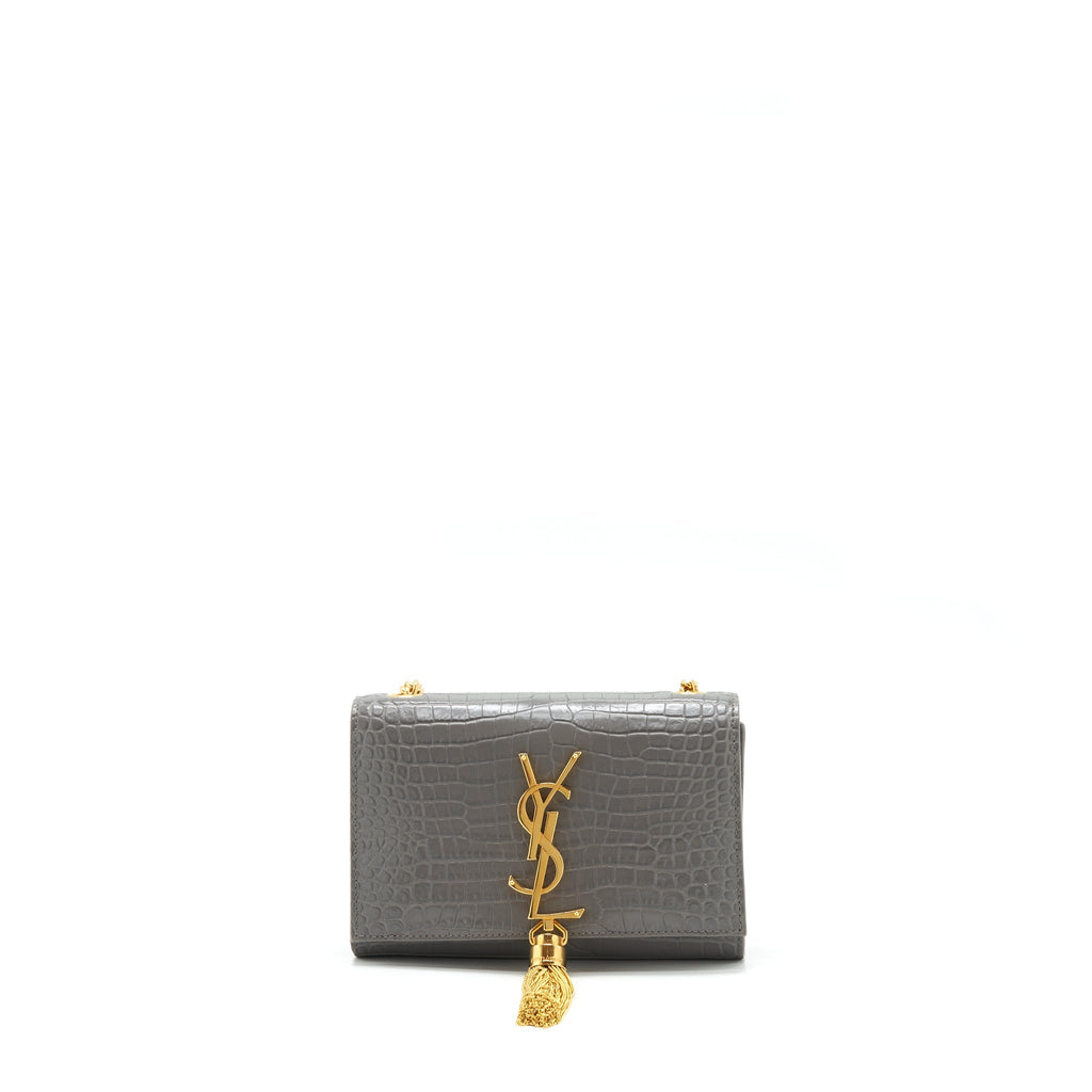 SAINT LAURENT/YSL KATE TASSEL CROC EMBOSSED CALFSKIN GREY GHW