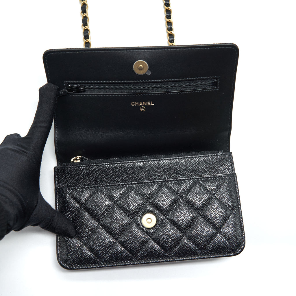 CHANEL 22S LOGO TOP HANDLE WALLET ON CHAIN CAVIAR BLACK GHW (MICROCHIP)